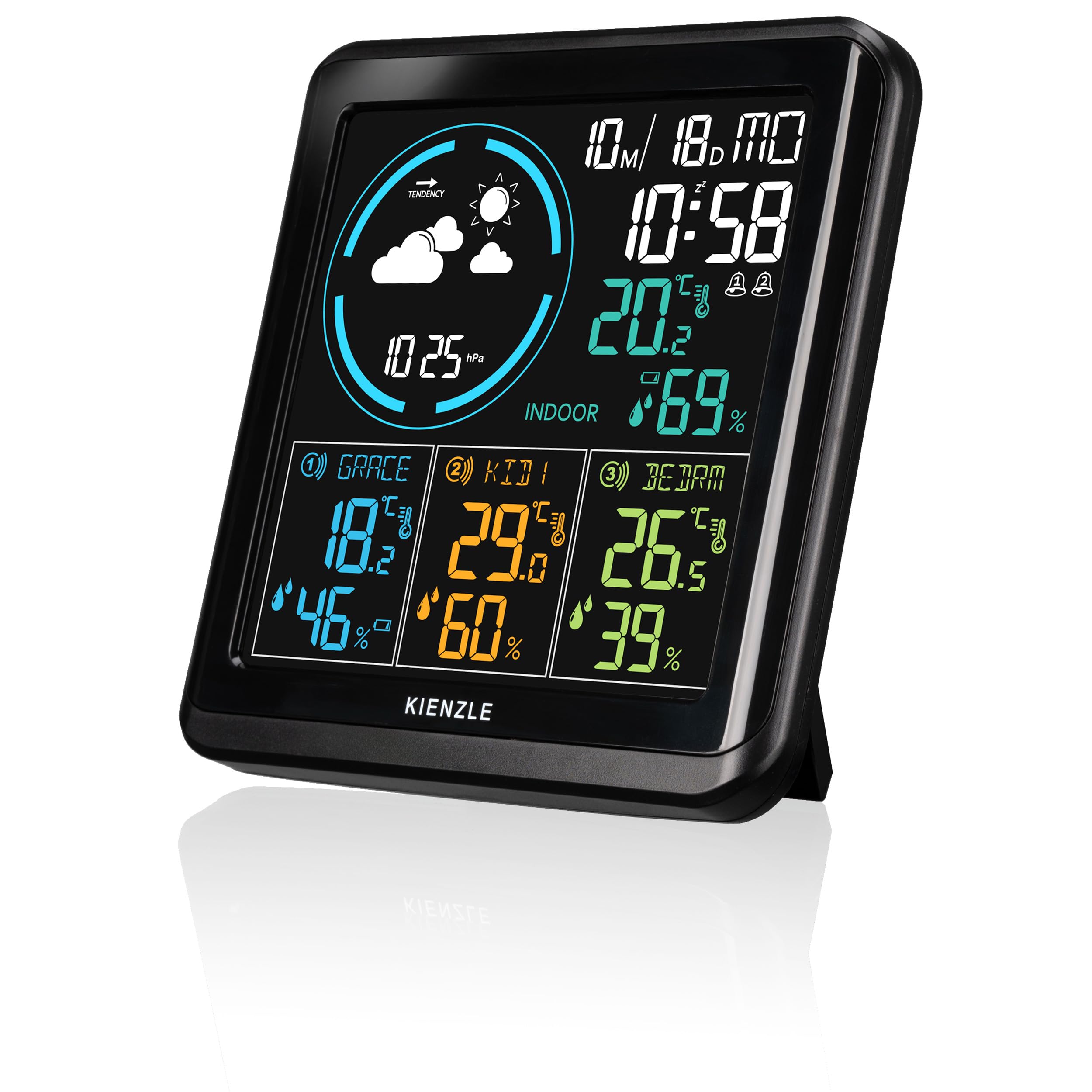 Kienzle Wetterstation Funk mit 3 Außensensoren, Farbdisplay | Temperatur, Luftfeuchtigkeit, Wettervorhersage, Luftdruck Trend, 4 Messbereiche, DCF Uhr, 2 Weckzeiten