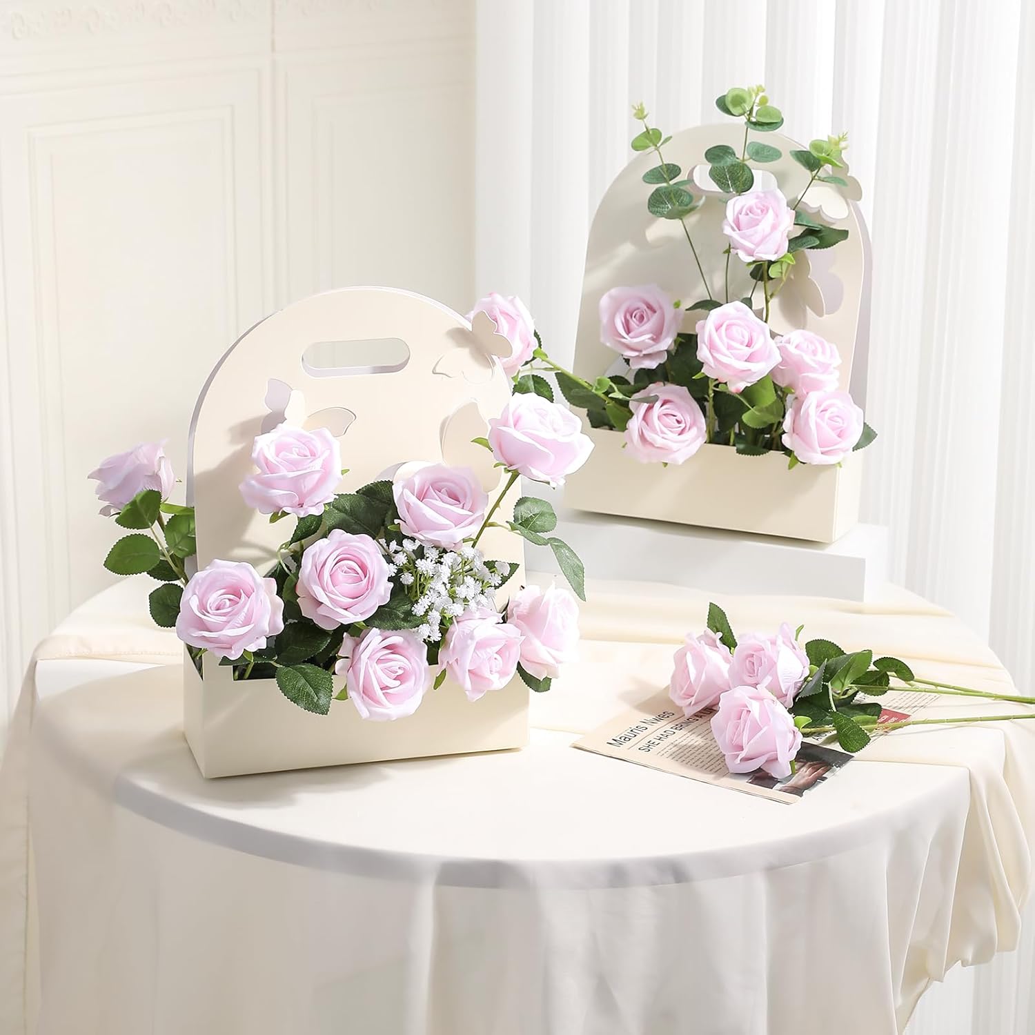 Hawesome 12PCS Artificial Flowers Fake Roses, Realistic Velvet Long Stem Red Roses Bouquet for Wedding Centerpiece Home Decor Party & Valentines (Light Pink) - Image 2