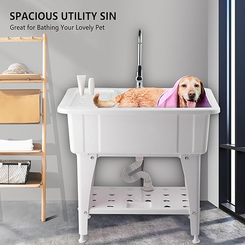 Miniatura 5 de VINGLI Amplio fregadero blanco para lavandería, estación de lavado de garaje, fregadero inclinado, fregadero independiente con grifo de acero