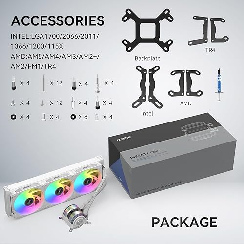 Miniatura 7 de ALSEYE INFINITY i360 Sistema de refrigeración de agua  Radiador de 14.173 in, bombas LED duales, pantalla de temperatura, ventiladores ARGB y PWM de