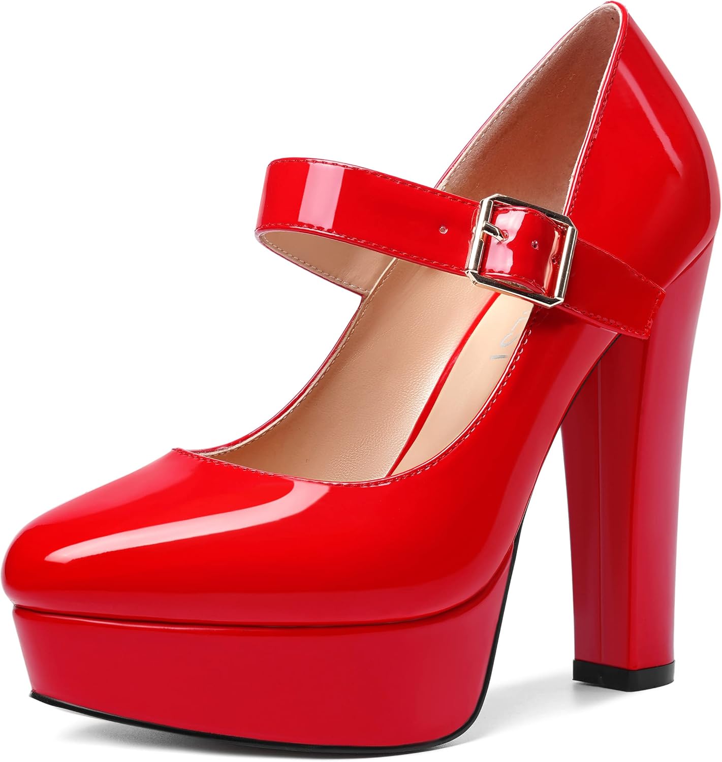 SHOWFOREST Women's Platform Party Round Toe Block Patent 5 Inch Slip On Sexy Adjustable Strap High Heel Pumps Shoes Red Size 8 - Sandalias de Mujer de Tacon Bajo