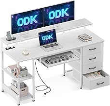 ODK Desk with 4 Drawers, 140 x 52 x 92 cm Computer Desk with Power Outlet and USB Charging, Gaming Desks Table with Adjustable Shelves for Home, White