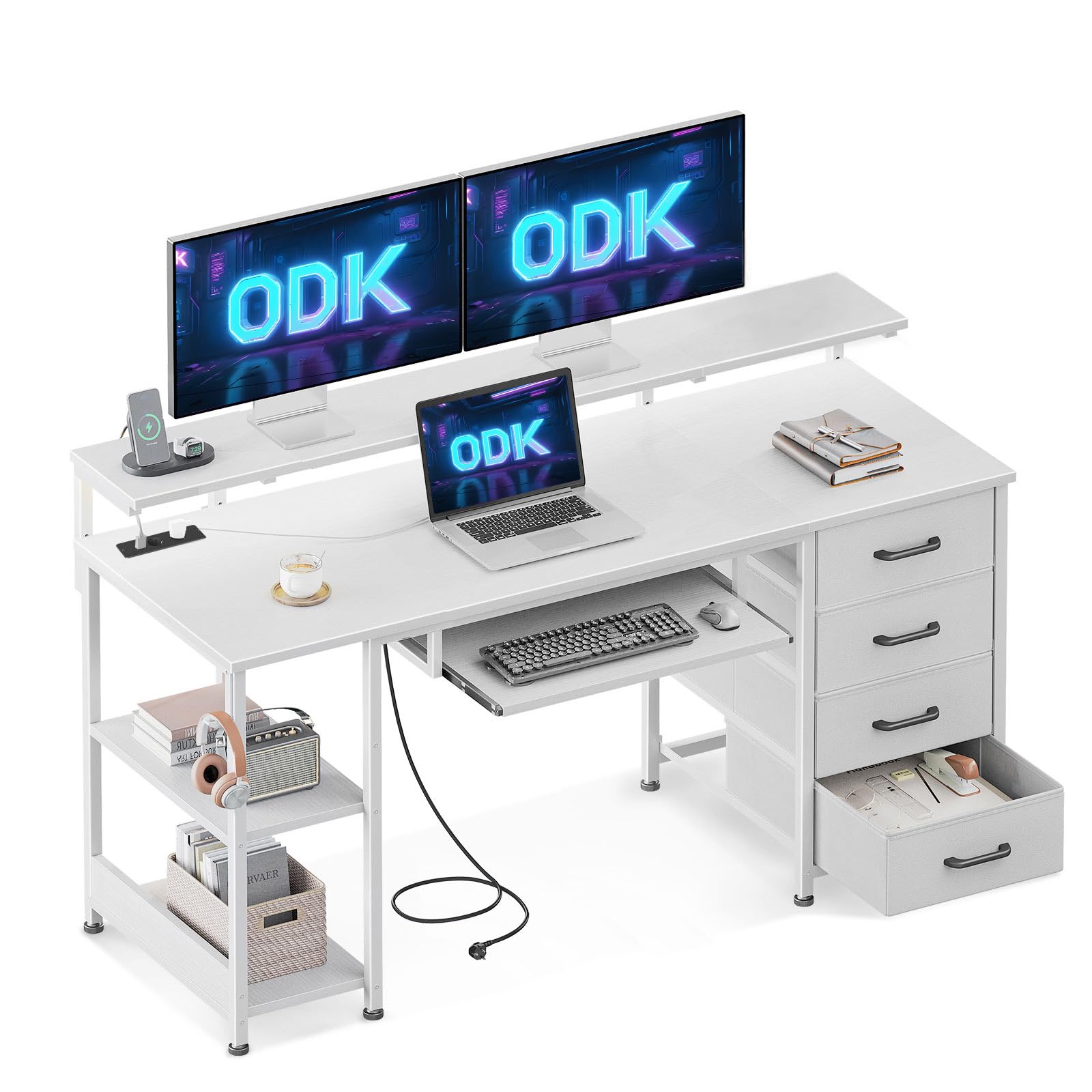 ODK Escritorio con 4 Cajones, Escritorio de Ordenador con Toma de Corriente y Carga USB, Escritorio Gaming Mesa de Escritorio con Estantes Ajustables para el Hogar (Blanco, 140x52x92cm)