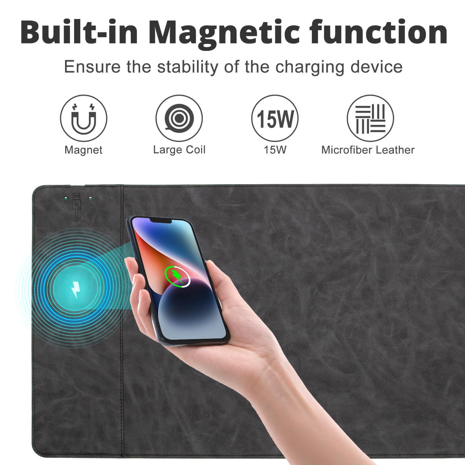 Tappetino da scrivania magnetico con ricarica wireless, tappetino da scrivania per ufficio con caricabatterie wireless, tappetino per mouse grande impermeabile e resistente ai graffi, tappetino per
