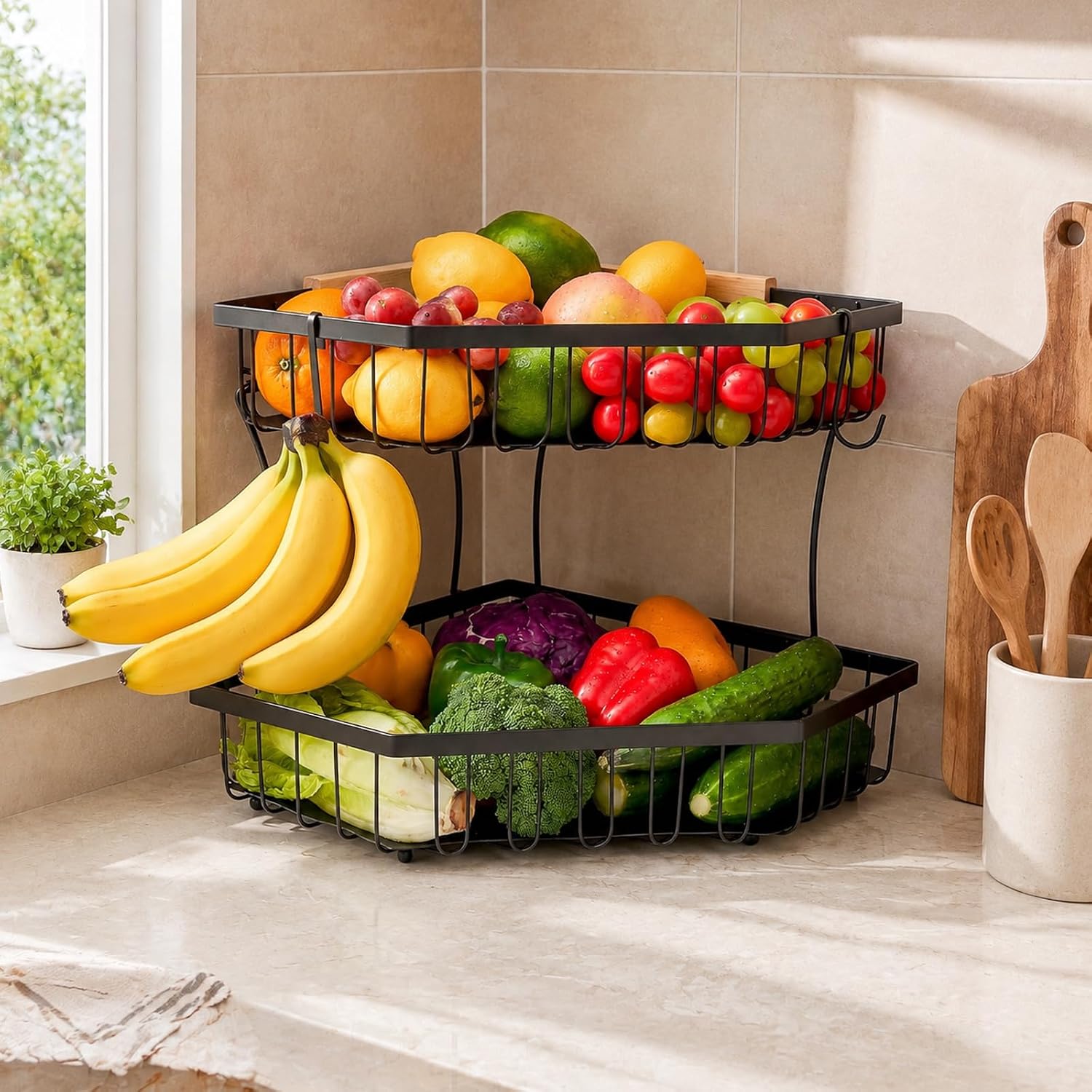 Corner Fruit Basket for Kitchen Counter - 2 Tier Fruit Basket with Detachable Banana Holder, Large Capacity Metal Fruit Stand with Wooden Handle for Bread, Fruit and Vegetable Storage