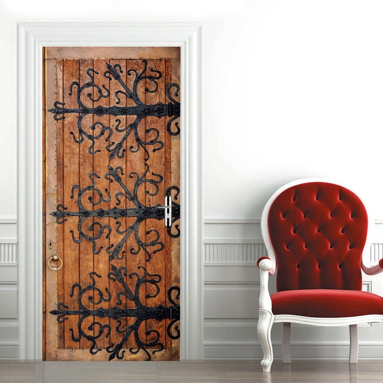 A.Monamour 3D Door Stickers for Interior Doors Old Wooden Door with Wrought Iron Decorations Vinyl Waterproof Self Adhesive Door Mural Decals for Bedroom Office Bathroom 90 x 200cm