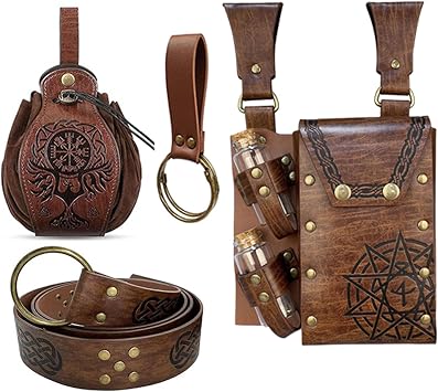 5 PCS Belt Pouch Waist Bag Retro Medieval Viking Leather Belt Magic Potion Bottle Renaissance Halloween Cosplay Costume Sets E5-Brown