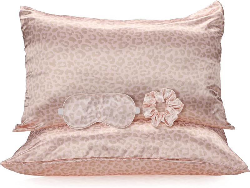 Conjunto com 2 fronhas de cetim, máscara para dormir e scrunchie, tamanho padrão, rosa com estampa de leopardo