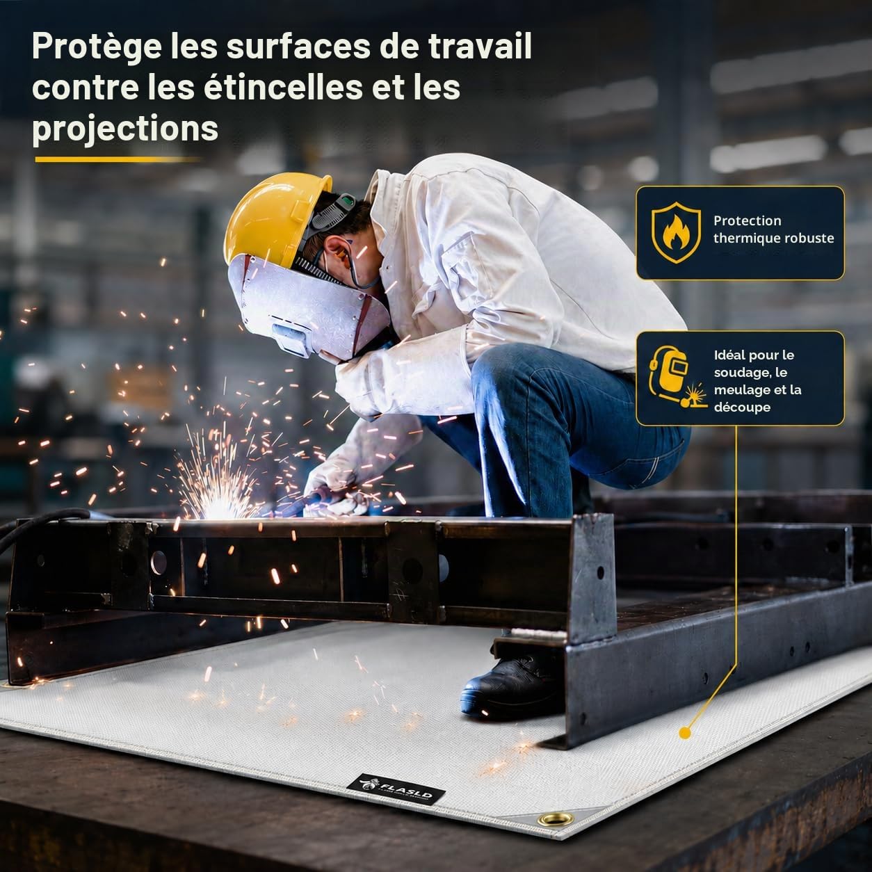 FLASLD Couverture de soudage Robuste en Fibre de Verre [850 g/m²] Couverture de soudage pour Usage Industriel et Domestique (152 x 152 cm)