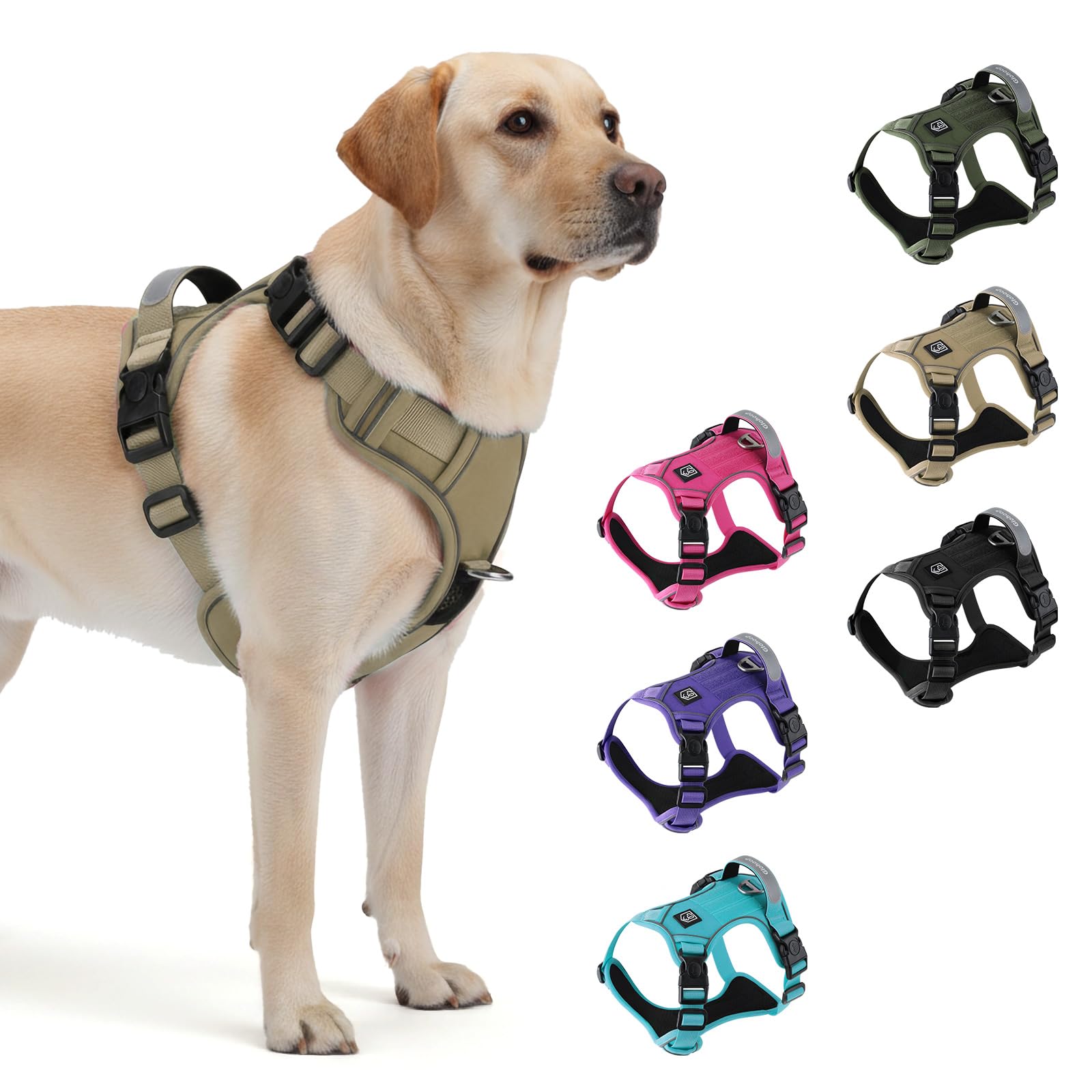 Heavy Duty Tactical Dog Harness for X-Large Dogs, No Pull Dog Harness with Handle & Front Clip, Reflective Soft Padded, Hook and Loop Panel, Dog Vest for Walking, Service Training, Khaki