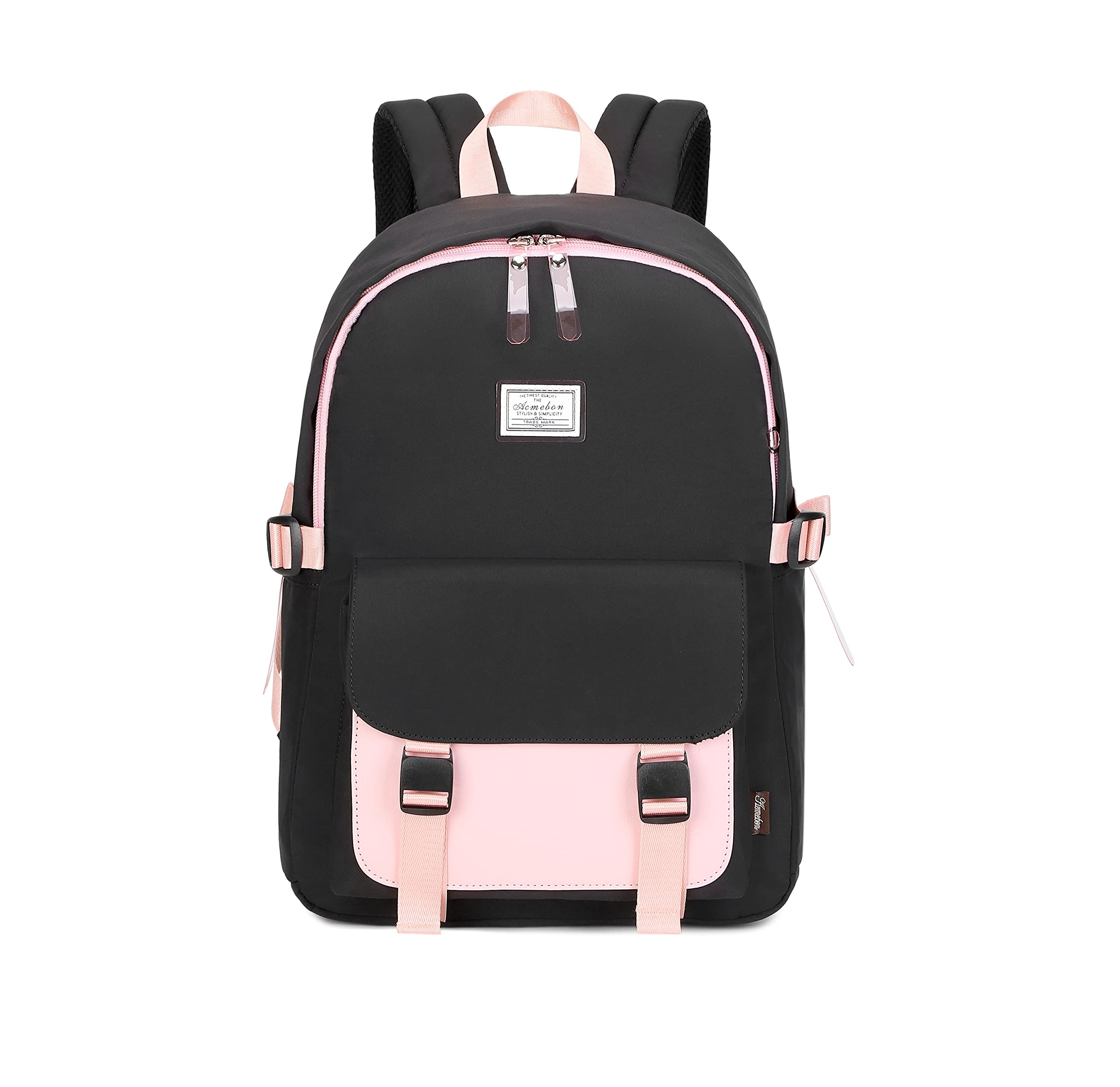 Acmebon Mochila de niña Adolescente para Colegio Mochila Informal de Mujer Negro con Rosa