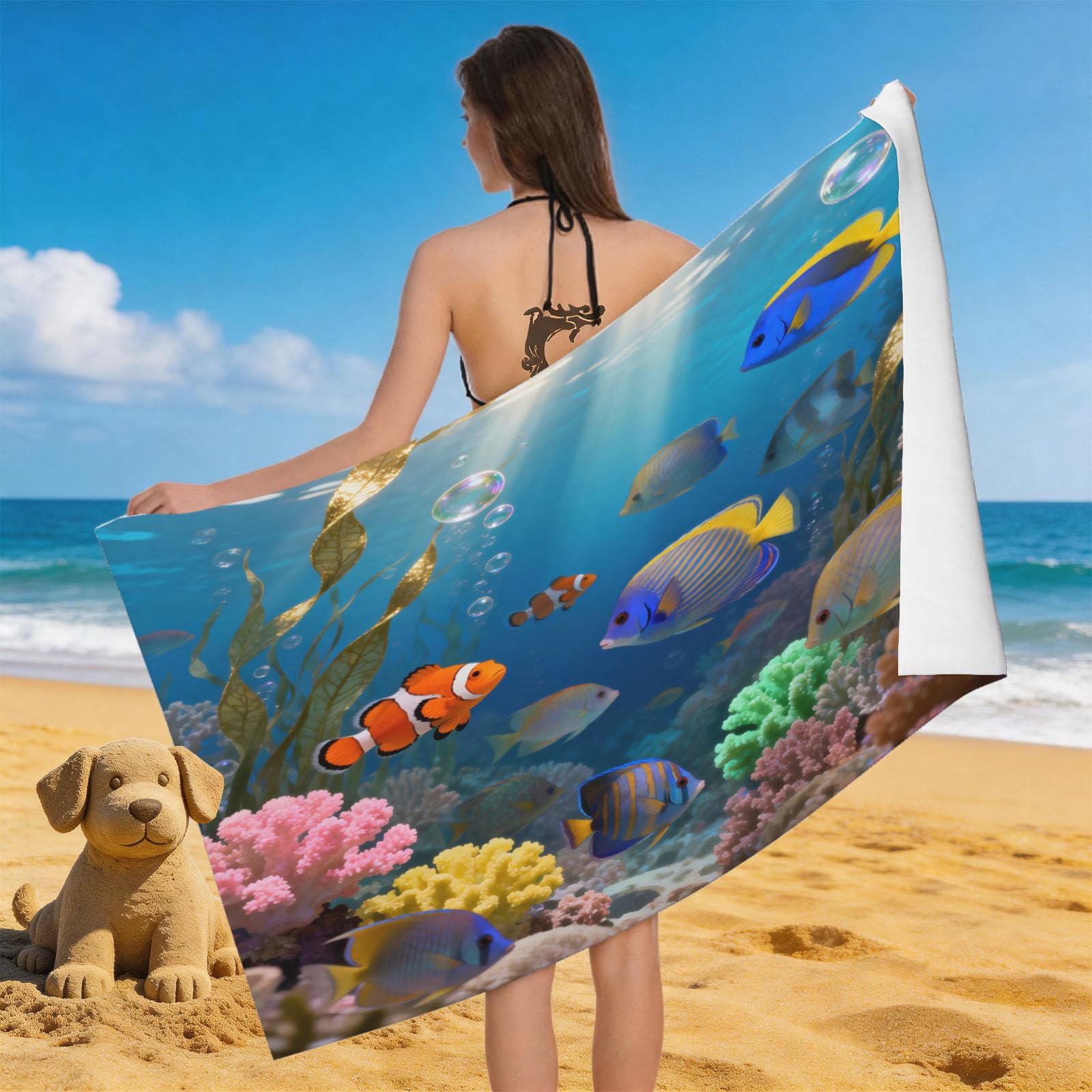 Leichong 3D The Underwater World Beach Towel Large Microfiber Soft Quick Dry for Adults, Ocean Sea Pattern Bath Towel Lightweight Soft Absorbent for Travel Swimming Pool Sports, 80 x 160 cm