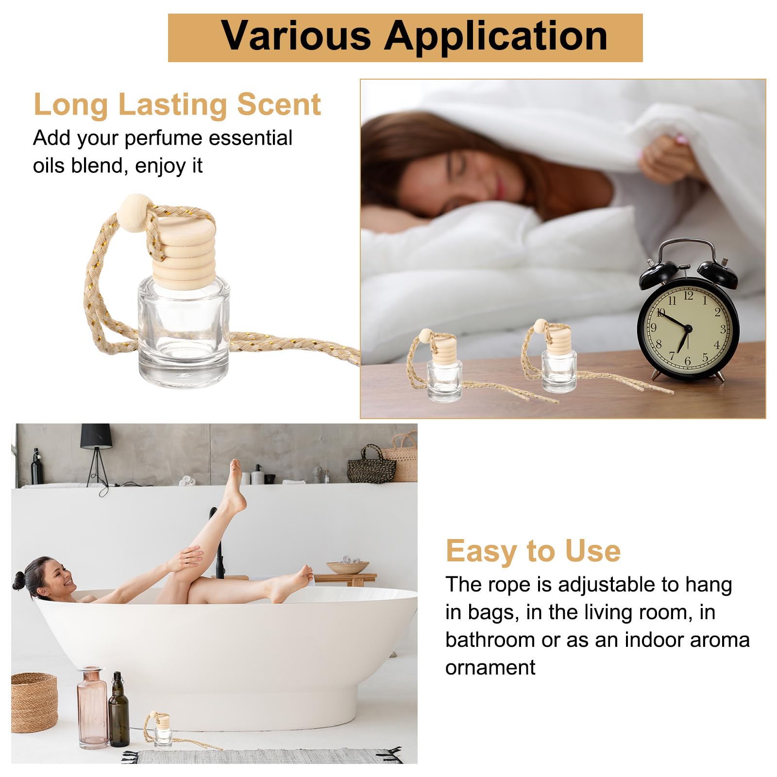 QUARKZMAN 100 Piezas Colgante Perfume Ambientador Para Auto Botella Vacía Vidrio Transparente 8ml Con Tapa Madera Difusor Aromaterapia Para Decoración Auto (Transparente Cilíndrico)