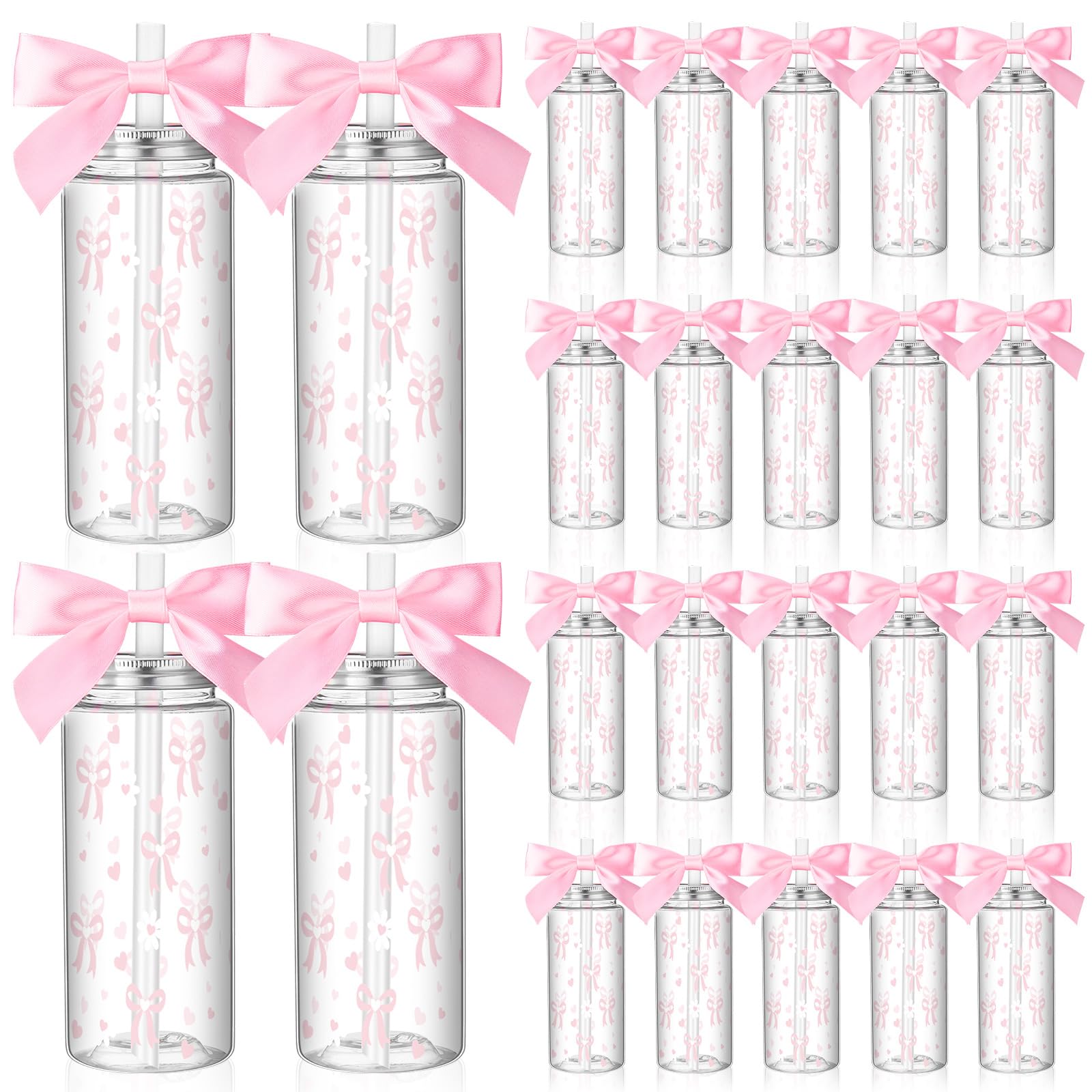 24 Pcs Pink Bow Plastic Cups Daisy Coquette Aesthetic Cup with Lids and Straws 14 oz Reusable Water Bottle Cute Preppy Tumbler with Ribbon for Birthday Bridal Wedding Party Supplies