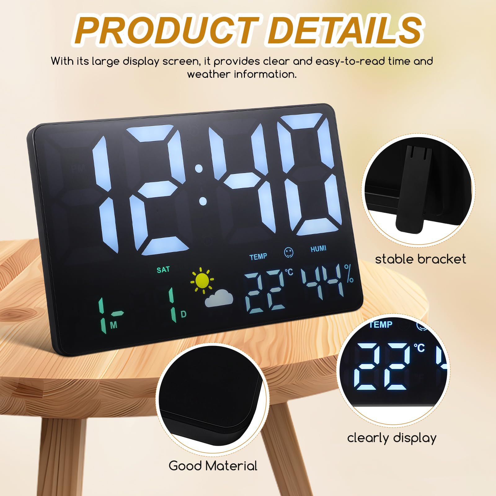 POPETPOP Digitale Wanduhr Groß mit LED Display Temperatur und Luftfeuchtigkeitsanzeige Luftdrucksensor Wettervorhersage Wecker und Kalender für Büro und Wohnzimmer