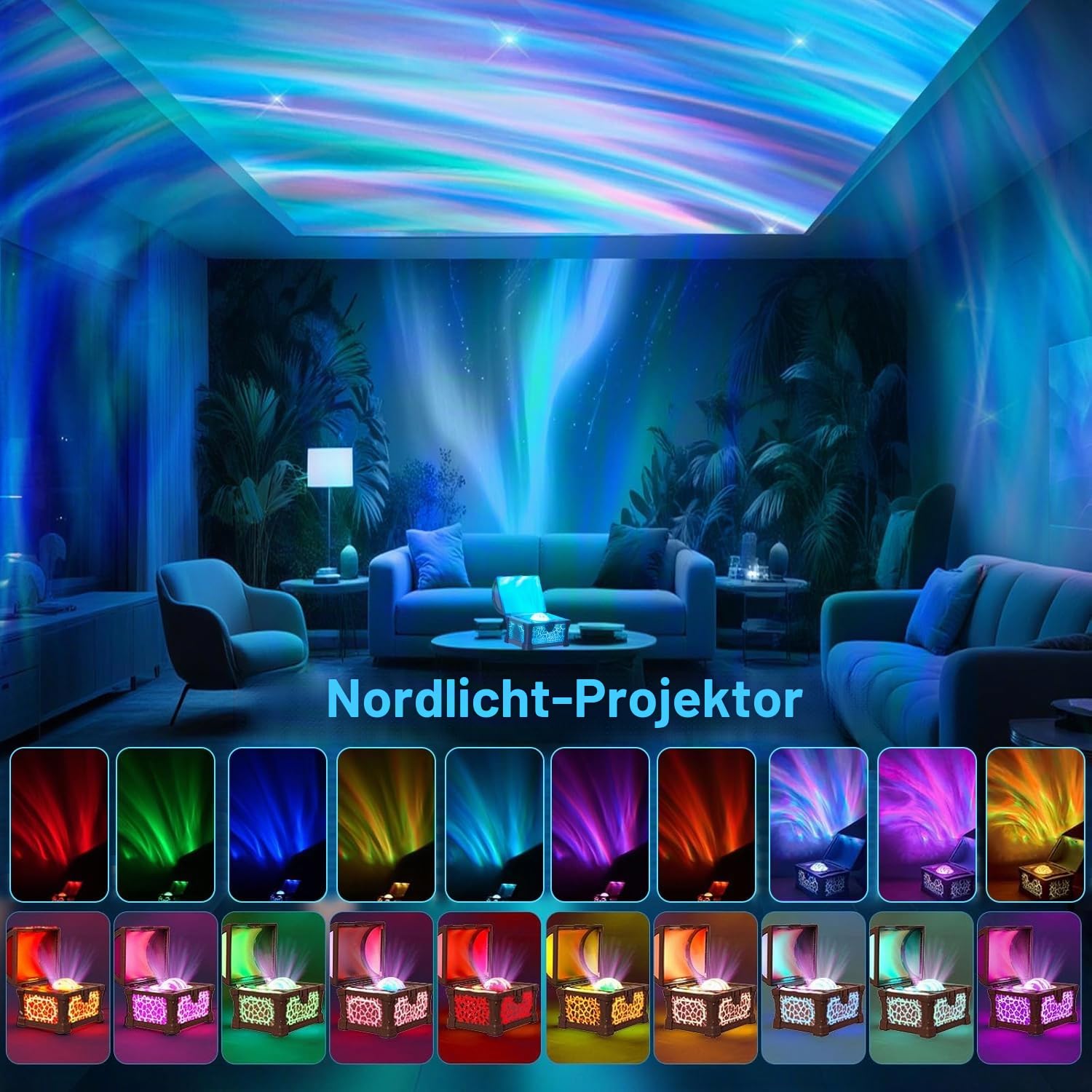Sternenhimmel Projektor Schatzkiste Nordlicht Lampe, Galaxy LED Nachtlicht Projektor mit 8 White Noise, Lautsprecher, Timer und Fernbedienung, Polarlicht Lampe für Schlaf- Gaming Zimmer Geschenke,Blau