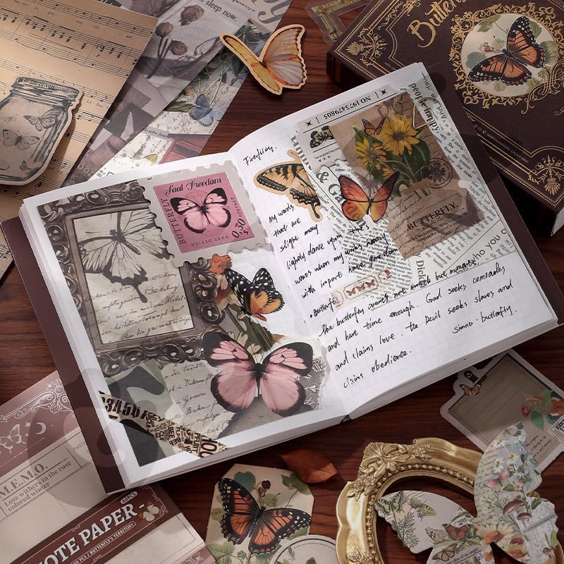 Image of GDNK Scrape Book Kit Scrapbooking Kit Vintage Journal Scrapbook Pack DIY Paper Stickers, Craft Kits Notebook, Collage Album Aesthetic Sticker Journaling Scrapbook Photo Album (Green Butterfly)