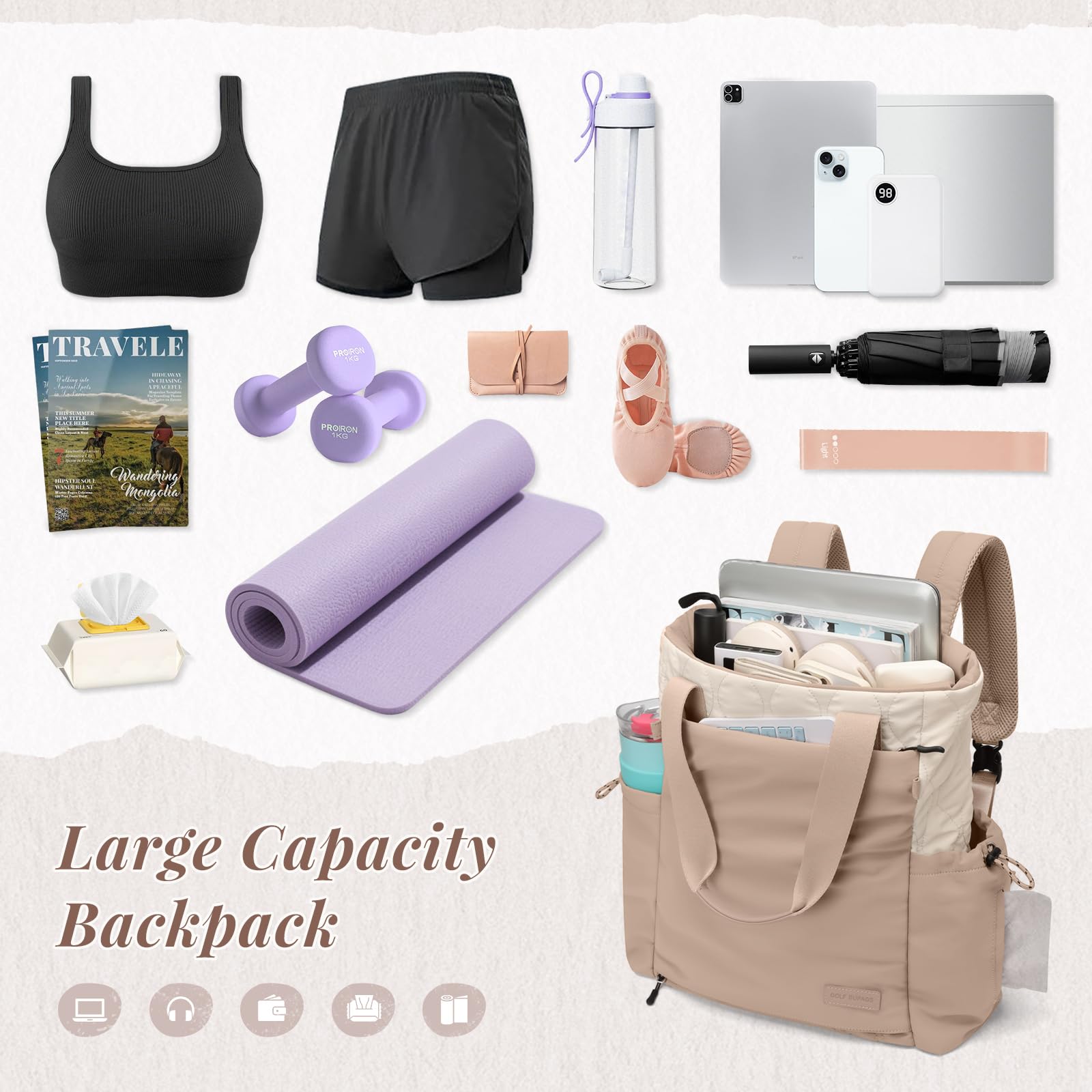 GOLF SUPAGS Odpinany plecak damski na laptopa, torba do jogi, torba na matę do jogi, plecak na siłownię, pilates, podróż, fitness, joga, praca i zakupy