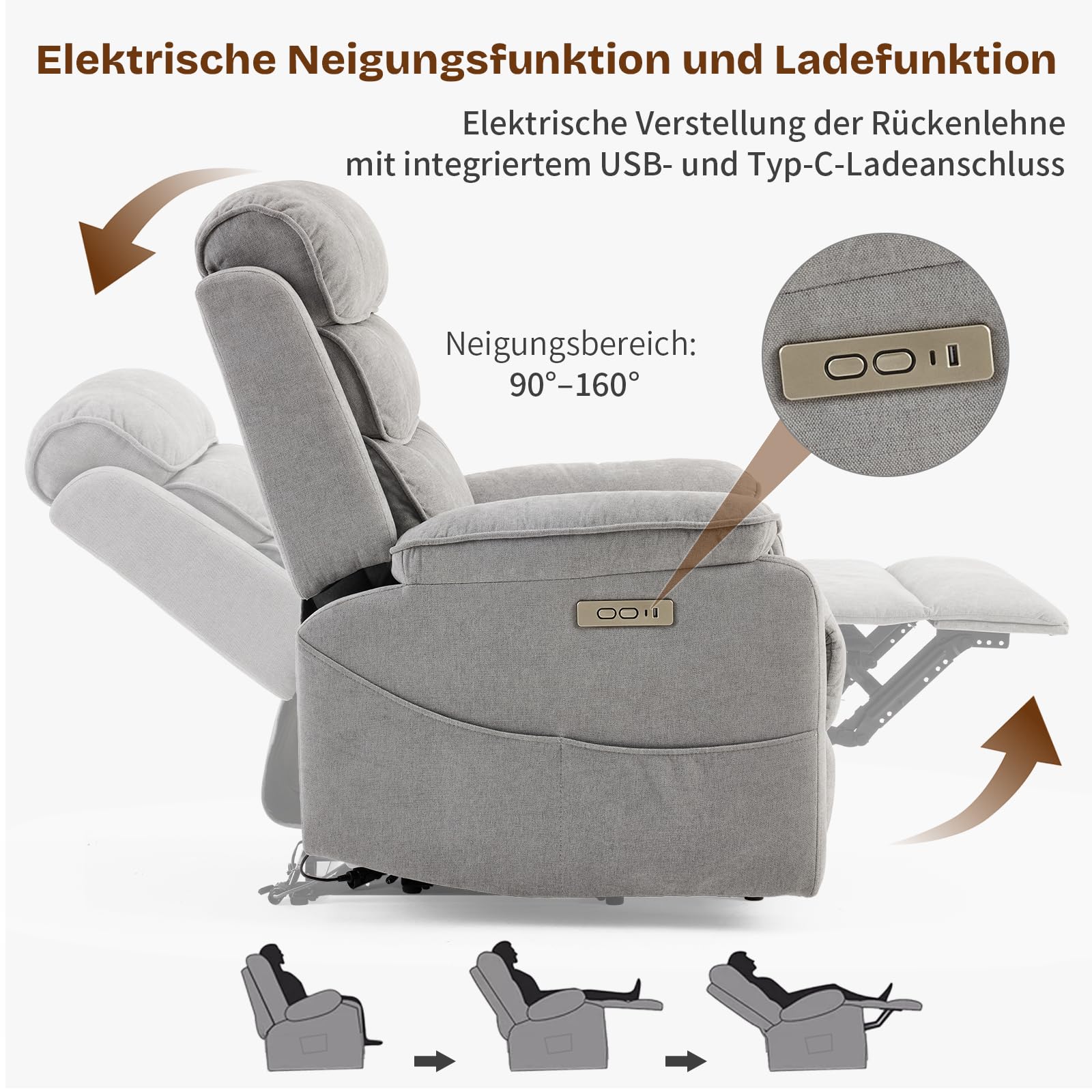 LEADZM Fernsehsessel Relaxsessel mit drahtloser Ladevorrichtung, 1 USB-Anschluss, 1 USB-C-Ladeanschluss, Liegen TV Sessel mit Heizung, Vibrationsmassage, Seitentaschen, Getränkehalter (Hellgrau)