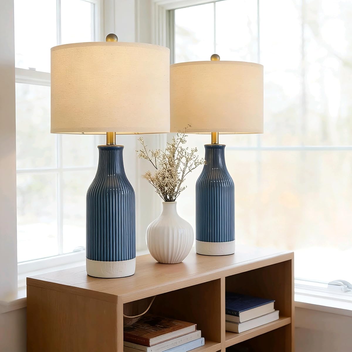 USumkky 23.75inch Blue Modern Ceramic Bedside Lamp Set of 2 with 5FT Cord for