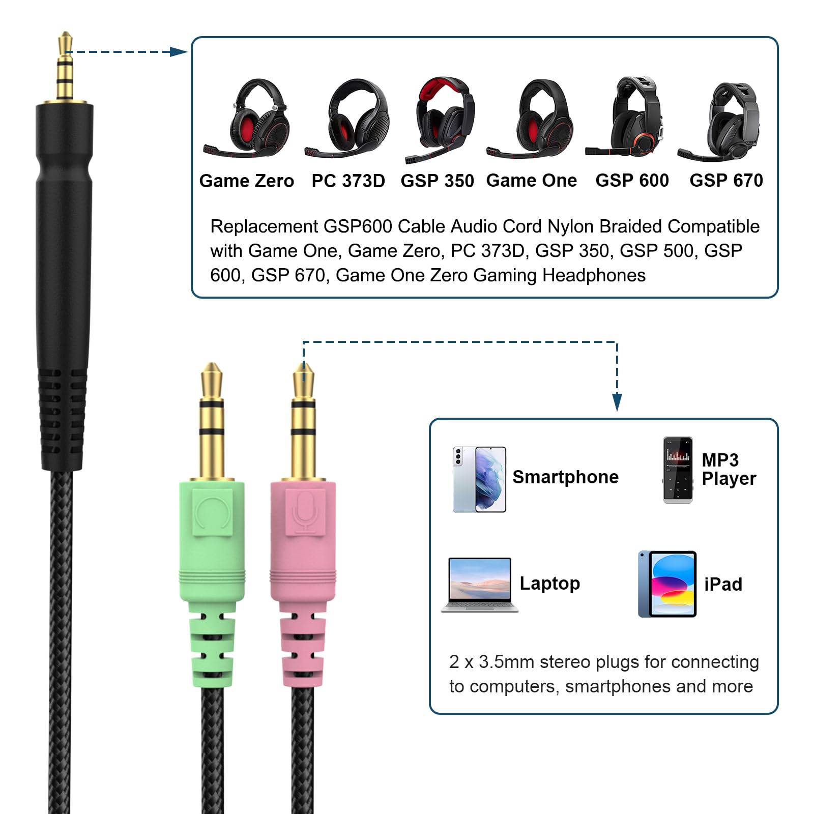 Xivip Replacement GSP600 Cable Audio Cord Nylon Braided Compatible with Sennheiser Game One, Game Zero, PC 373D, GSP 350, GSP 500, GSP 600, GSP 670, Game One Zero Gaming Headphones (Black)