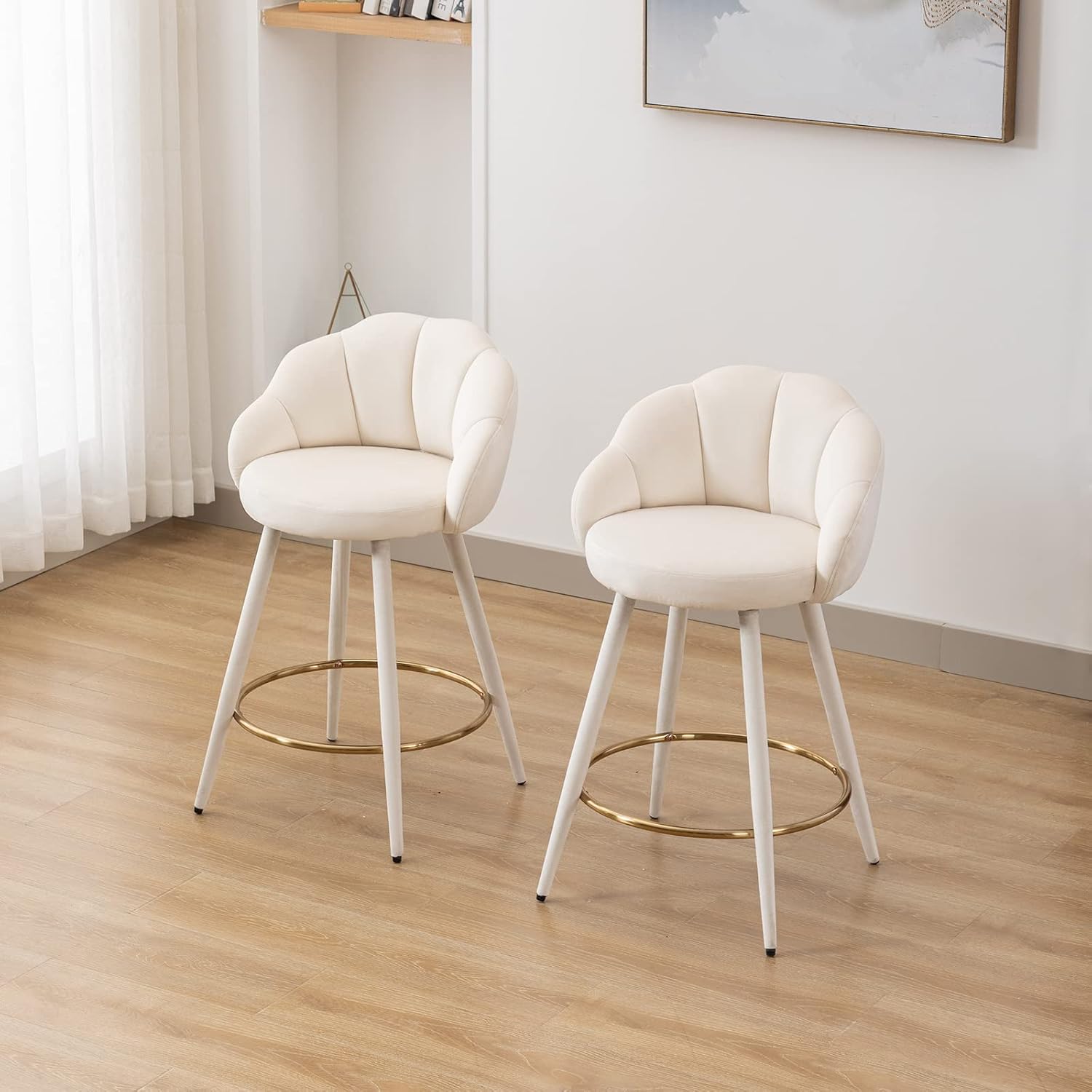 LZAREAL 25.5'' Counter Height Barstools Set of 2 Modern Velvet Upholstered Bar Stools with Petal Back & Golden Footrest for Kitchen Island/Breakfast Bar/Restaurant, Cream