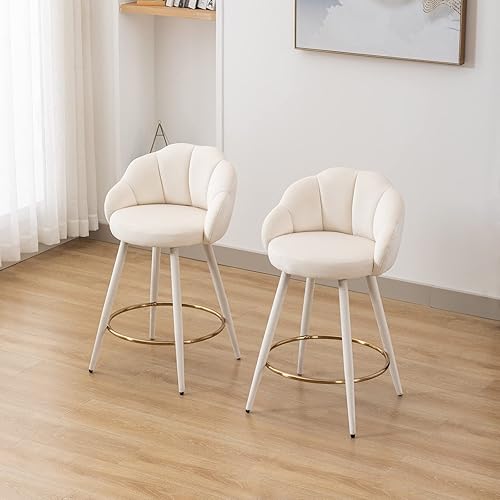 Miniatura 5 de Juego de 2 taburetes de bar tapizados de terciopelo modernos con respaldo de pétalos y reposapiés dorado para isla de cocina, desayunador,