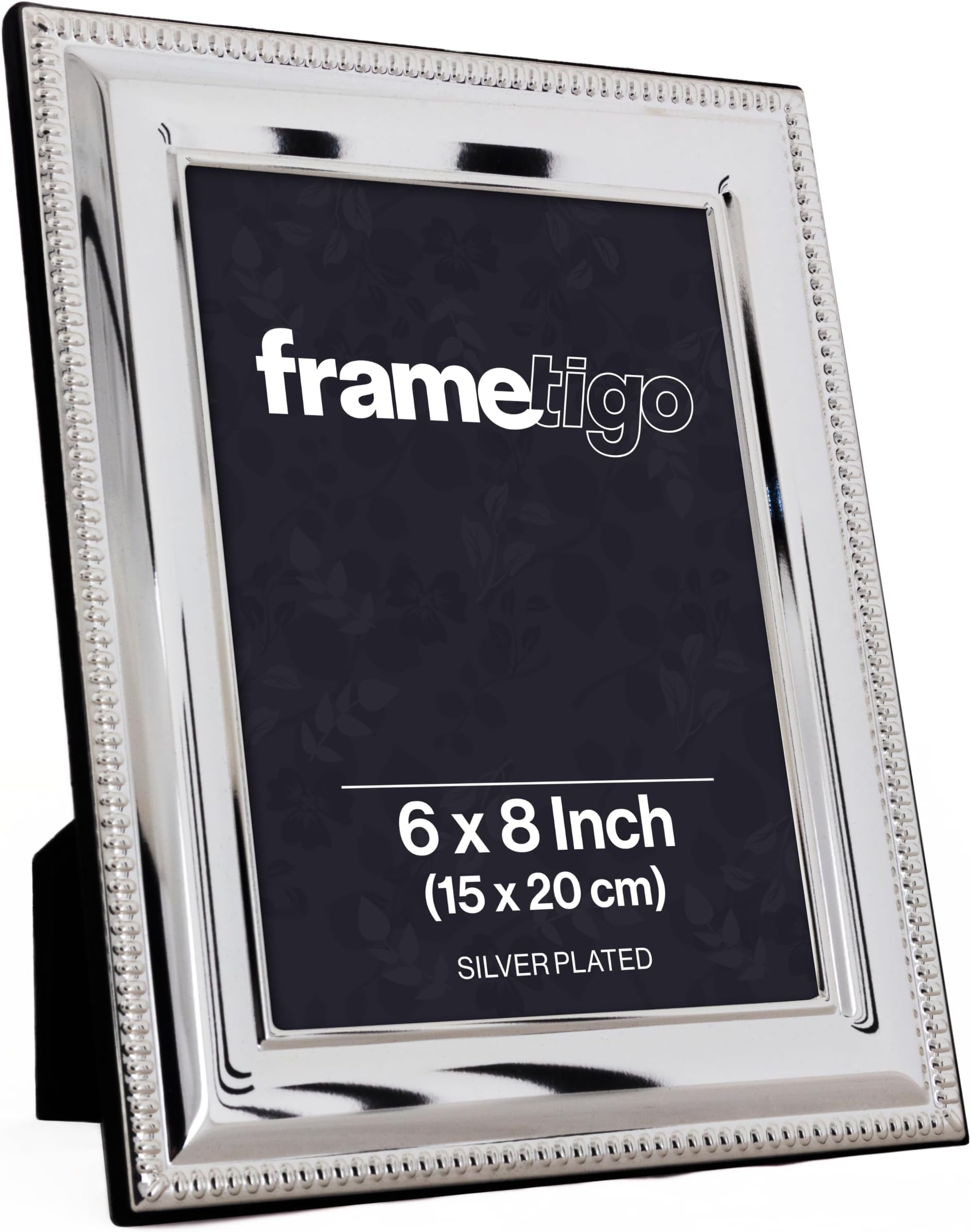 Silver Plated Bead Photo Frame, 6"x8" (15x20cm) Photo Size - Velvet Frame Backing & Stand - Real Glass Window - Tarnish Resistant - Landscape or Portrait Orientation