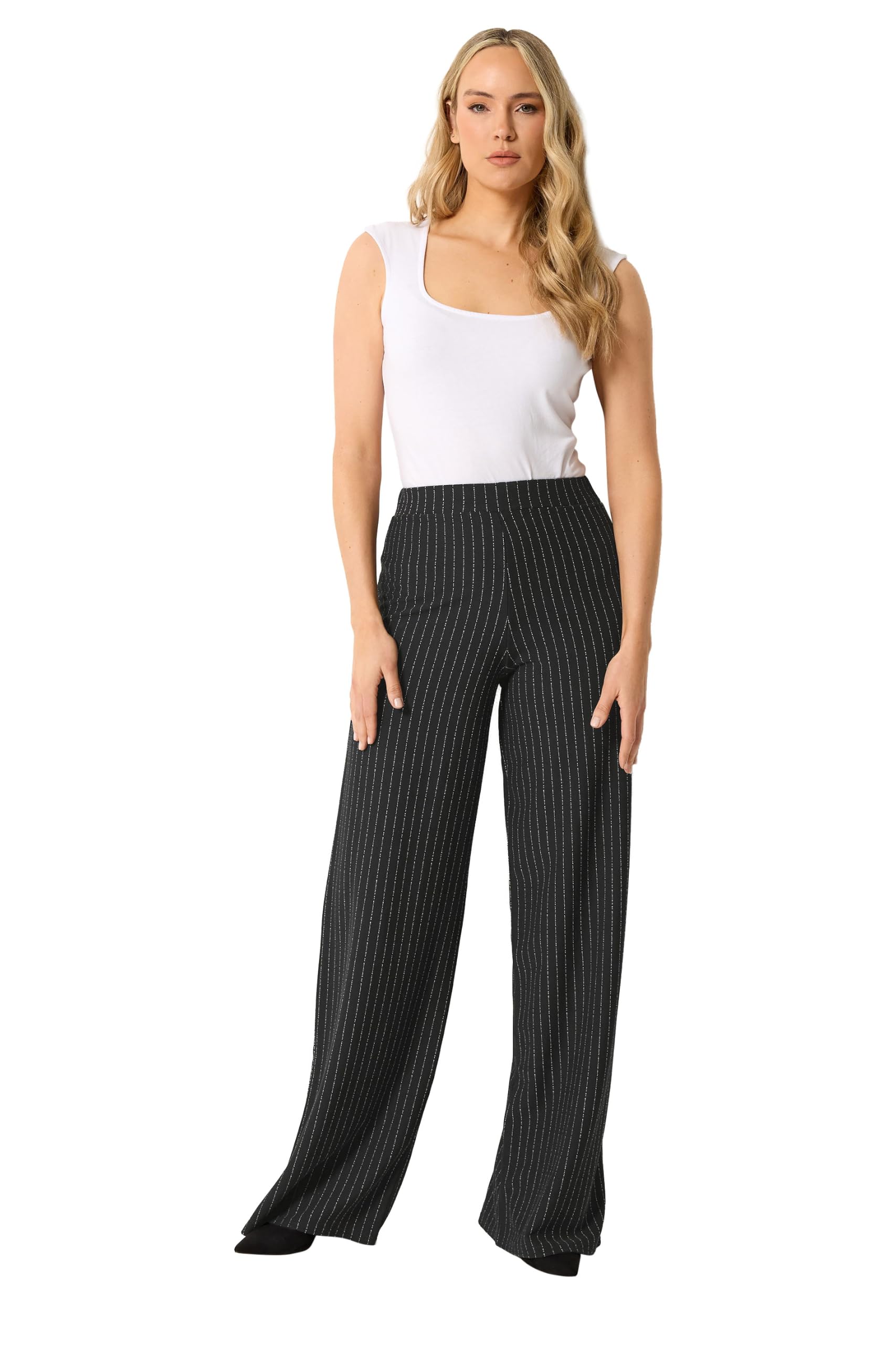 Long Tall Sally Women's Black Tall Pinstripe Wide Leg Trousers In | Size: 18XL