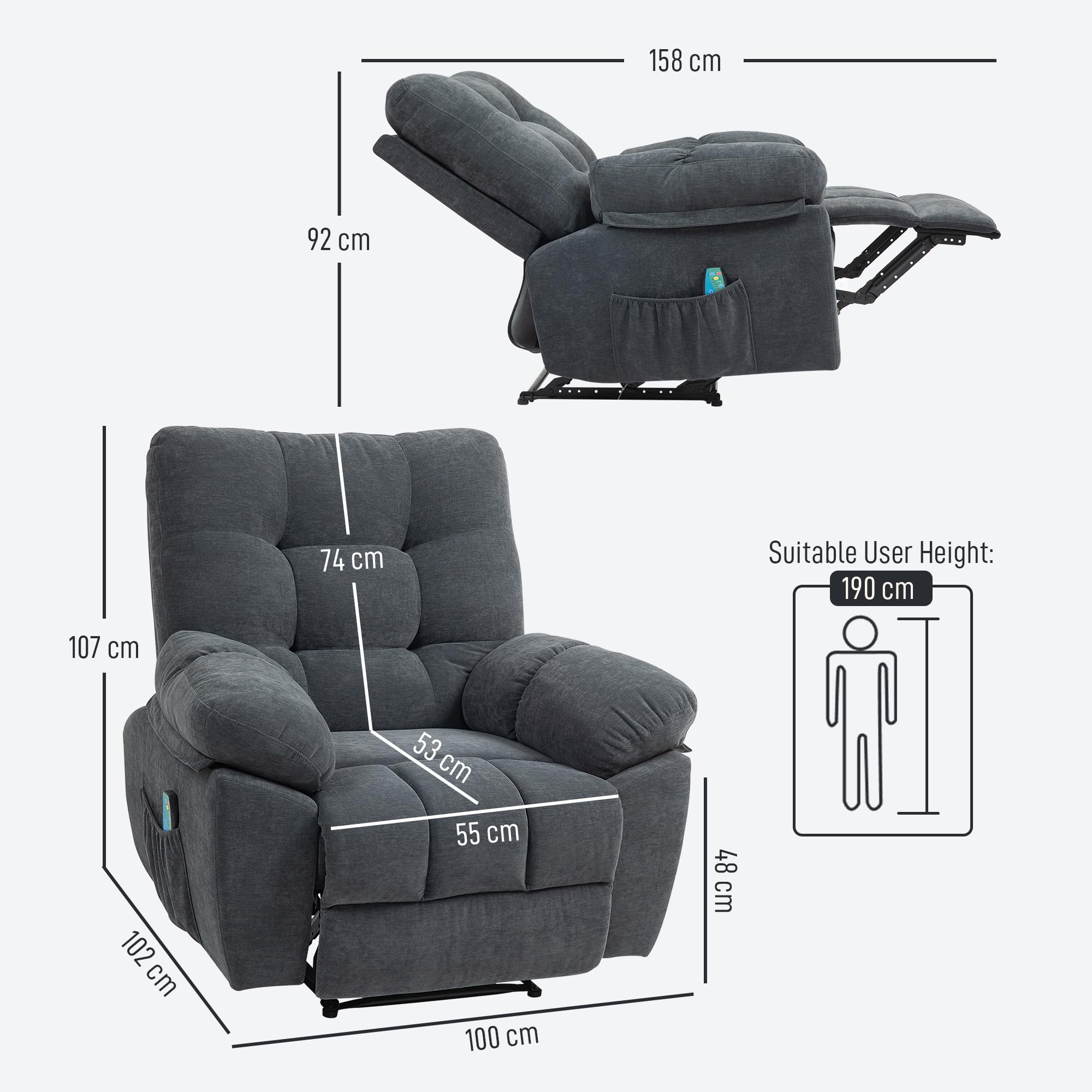HOMCOM Fauteuil de massage fauteuil relax électrique avec vibration et chauffage, fauteuil relax inclinable manuellement, chaise TV chaise de relaxation repose-pied, télécommande, poche latérale, gris