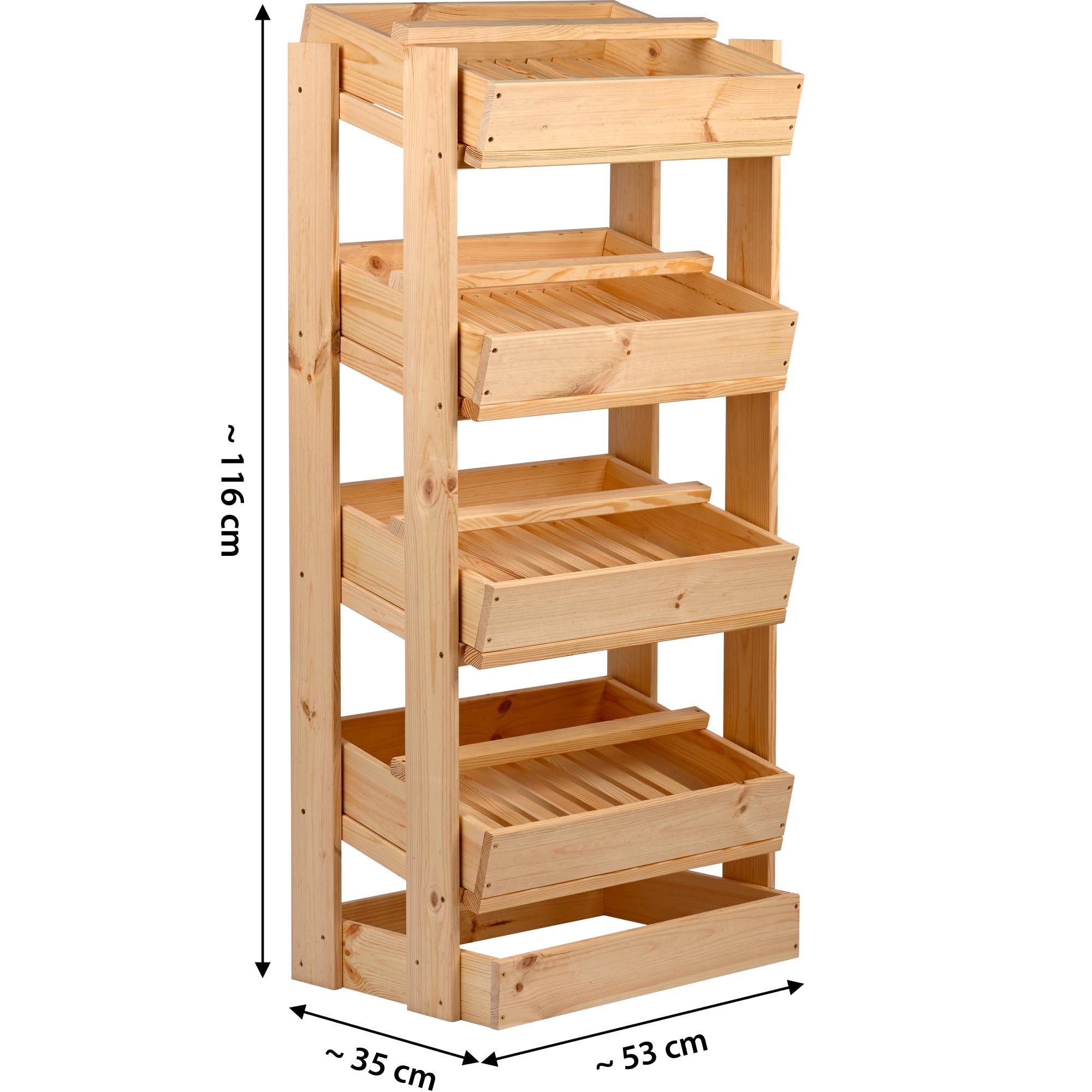 dobar® green label Vorratsregal für Obst und Gemüse - Obstkiste aus Holz - Obst und Gemüsehorde mit 4 Fächern - Gemüseregal mit 4 Stapelkisten - 53 x 35 x 116 cm - Natur