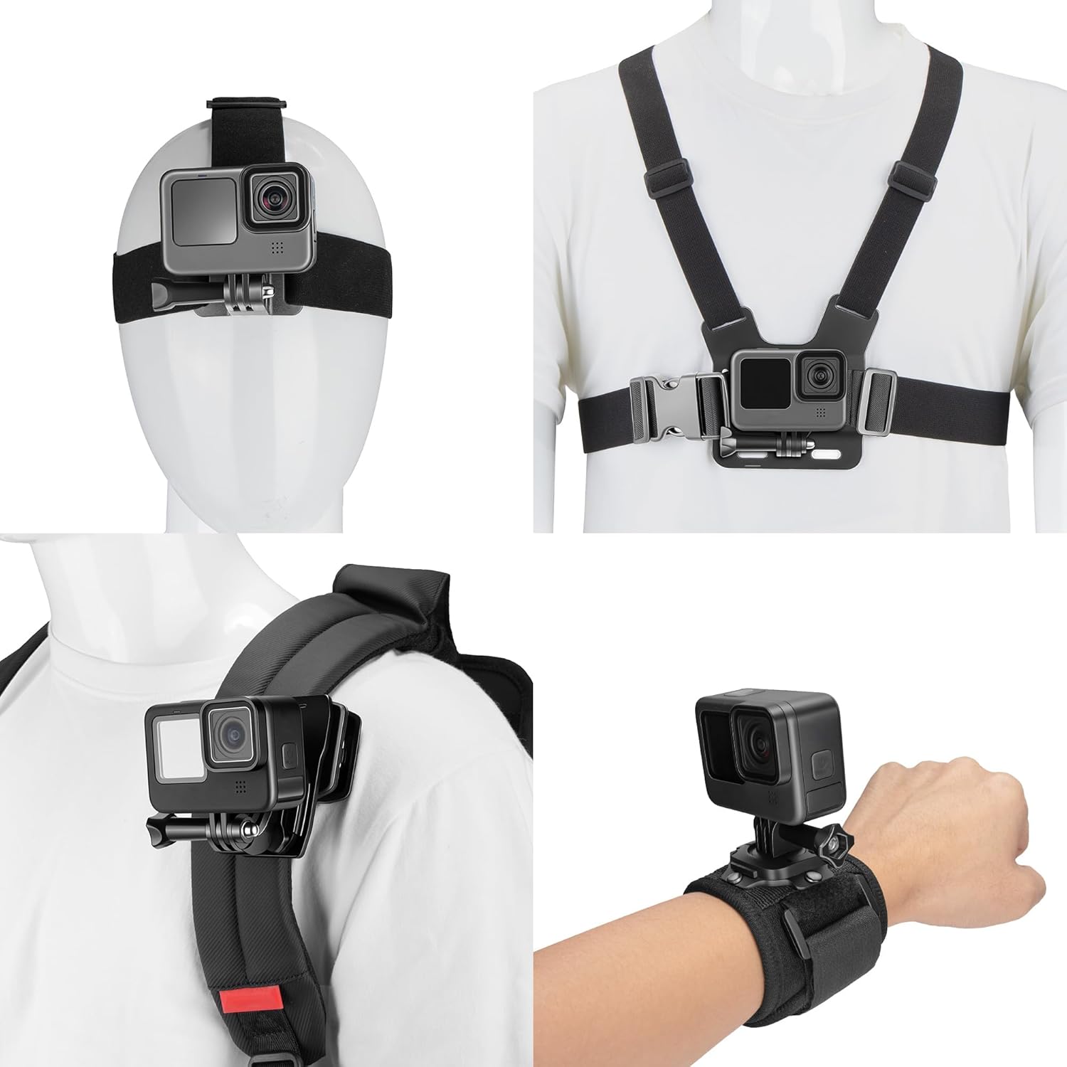 Action Camera Accessories Kit - 5-in-1 Set for GoPro Hero Compatible with All Models Head Strap, Chest Harness, Backpack Clip, 360° Wrist Strap, Storage Bag