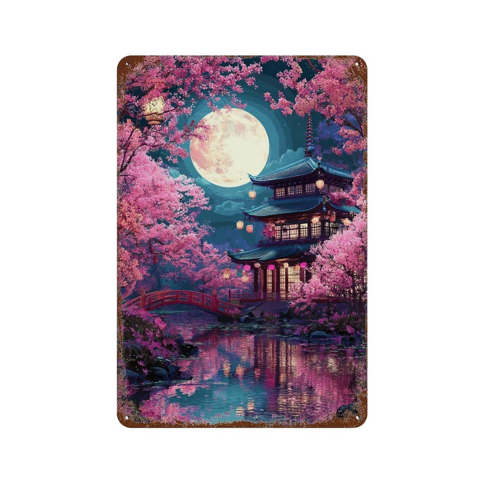 Cherry Blossom Moonlit Pagoda 11.8"x7.9" Retro Metal Sign, Old School Wall Decor for Office, Studio And Wall Decor