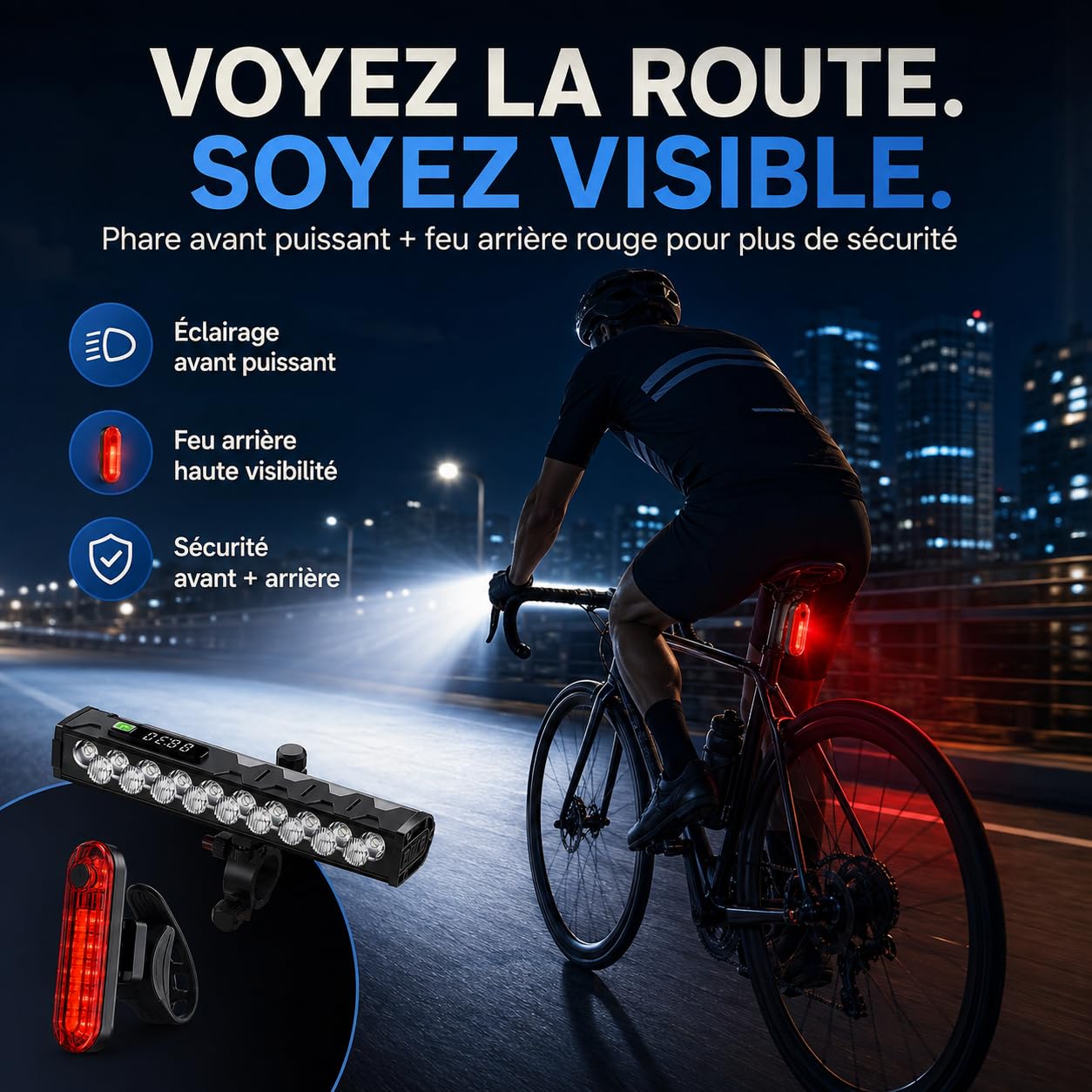 Lampe Vélo 17 LED USB-C avec Feu Arrière, Écran Digital, 4 Modes