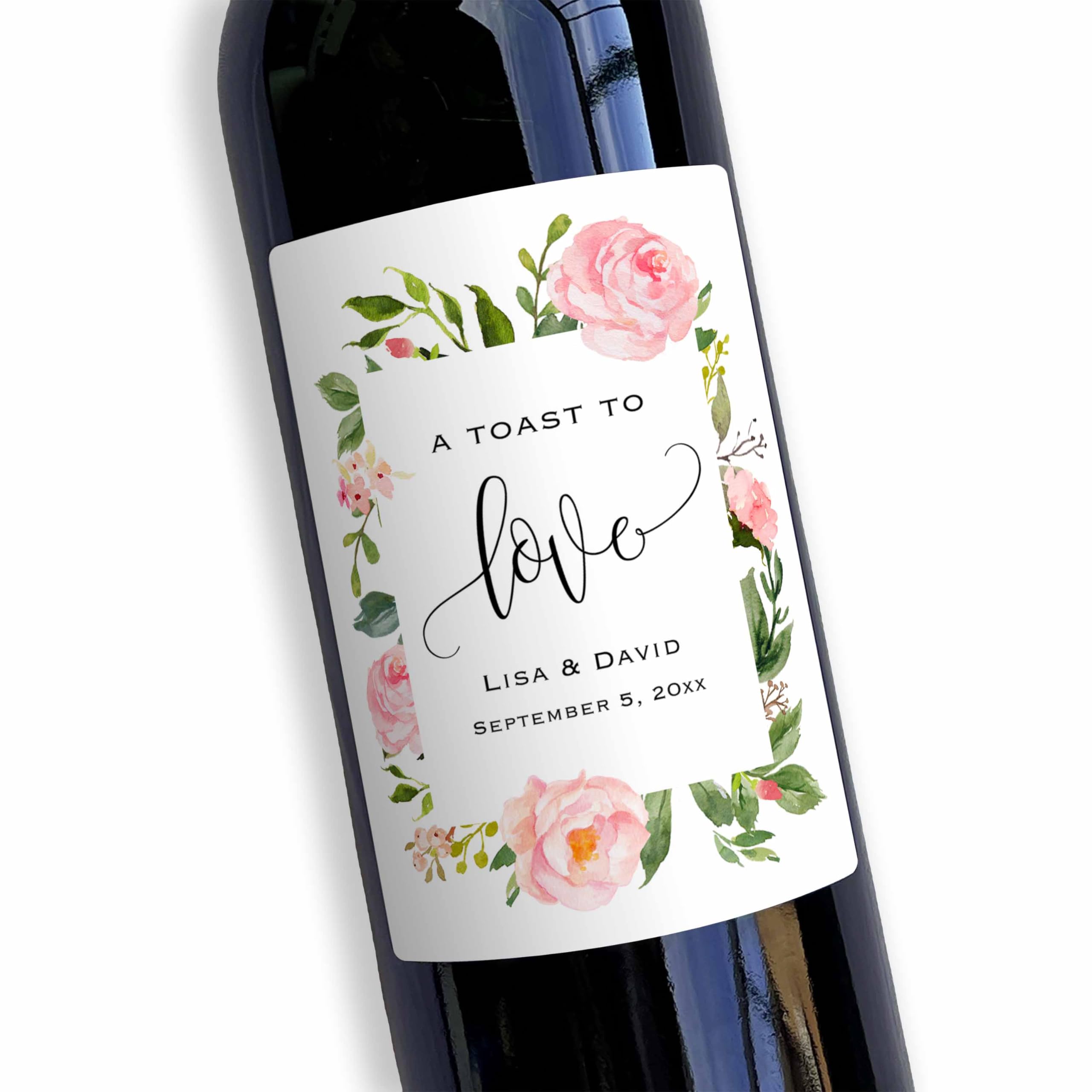4 Custom Pink Floral Waterproof Wine Bottle Labels, Personalized Wine Label Sticker for Wedding, Bridal Shower, Birthday, Graduation Party and All