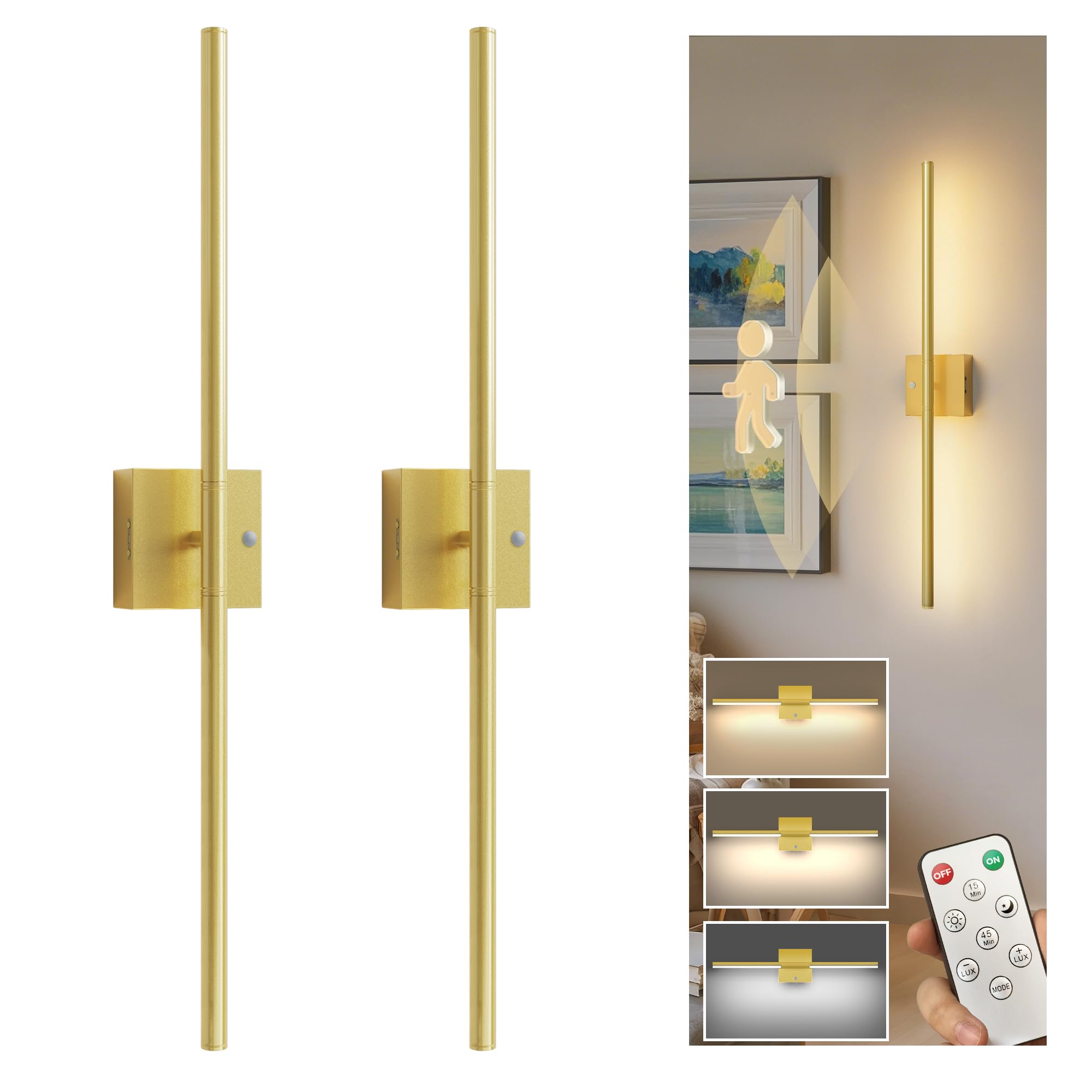 L LOHAS LED Battery Operated Wall Sconces Set of 2, Battery Wall Sconce 10000mAh, Gold Rechargeable Sconces 3CCT with Light and Motion Sensor, 28.5 Inch, Sconce Wall Decor for Bedroom, Living Room
