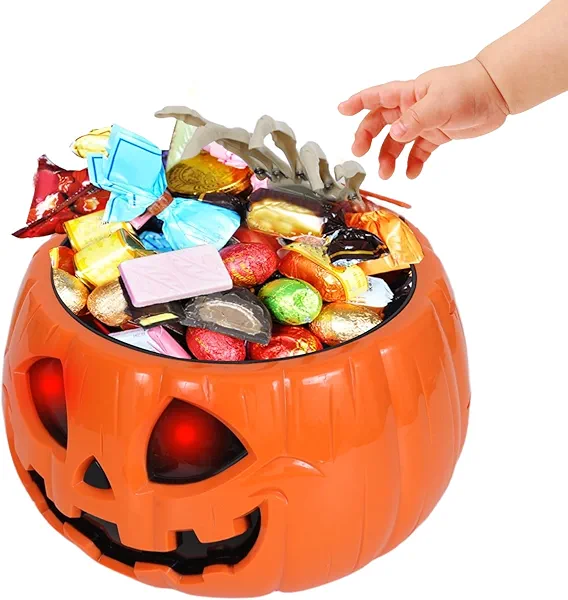 Halloween Skull pumpkin Bowl,Animated trick or treat bucket talking large funny scary candy Bowl dispenser for porch hand grabber Candy treat plastic Dish ,for Halloween decor indoor Party
