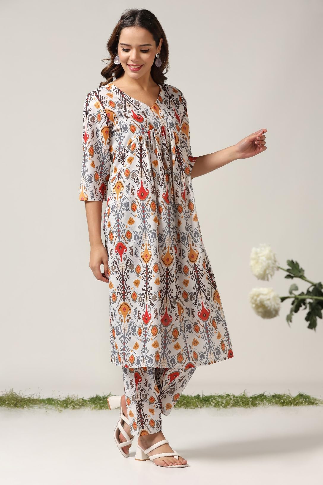 Om Sai Latest Creation Women Cotton Blend Fancy Kurta Set Regular Fit Printed (Oslc-K731&P153_Off White_Xl)