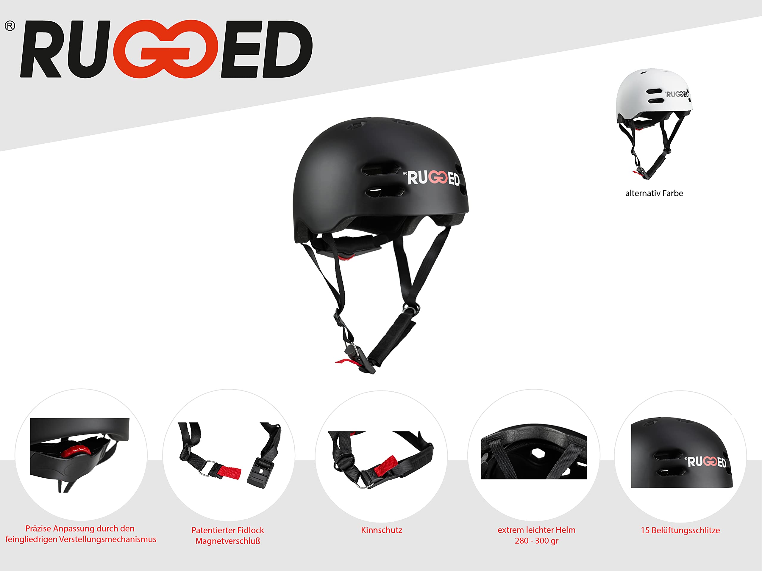Rugged Helm für Stuntscooter, Skateboard, Inlineskates, Fahrrad - Skatehelm größenverstellbar (S (53-55cm), Schwarz)…