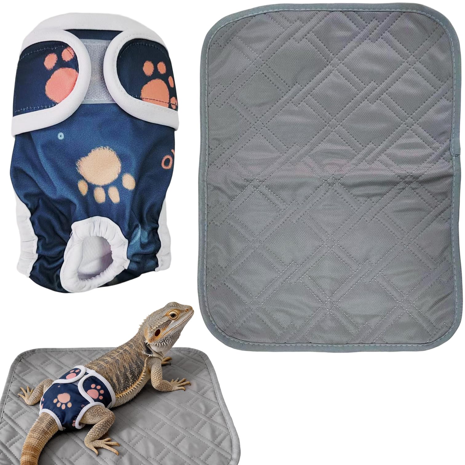 Photo 1 of 1 Set Bearded Dragon Diaper & Reusable Pee Pad Set - Washable Reptile Diaper with Absorbent Mat Adjustable Wearable Lizard Accessories for Leash Training & Indoor Use
