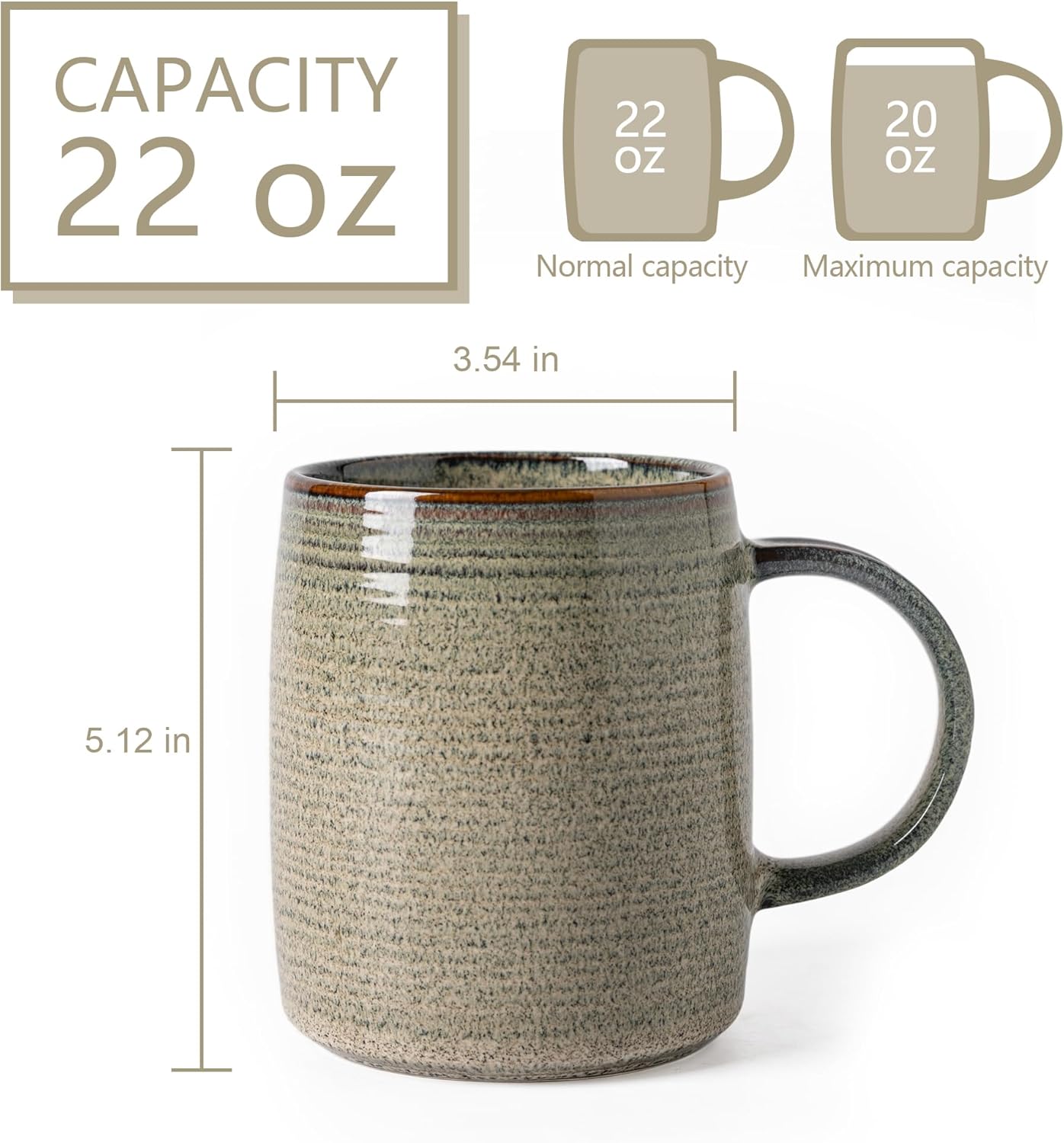 Ceramic Coffee mugs, 22 oz, Extra Large Mugs, Big Tea Cups, Large Handle, Pottery Mugs, Big Belly, Transmutation Glaze,Wide Bottom, stripe pattern, Microwave and Dishwasher Safe. (Gray) - Image 2