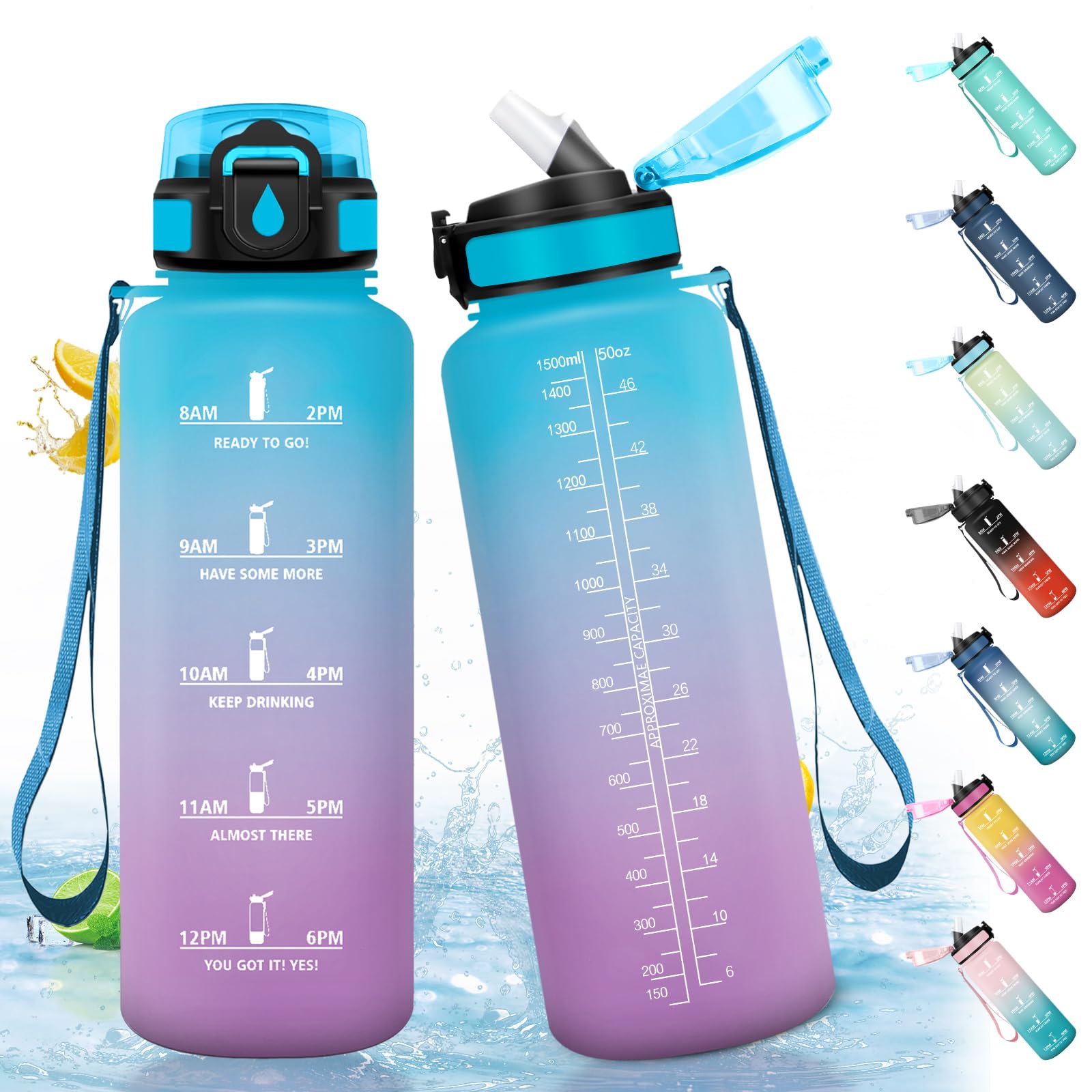 HoneyHolly 1.5L Reutilizables Motivational Water Bottle with Straw Gym Leakproof Water Bottle for School Gym Camping Cycling