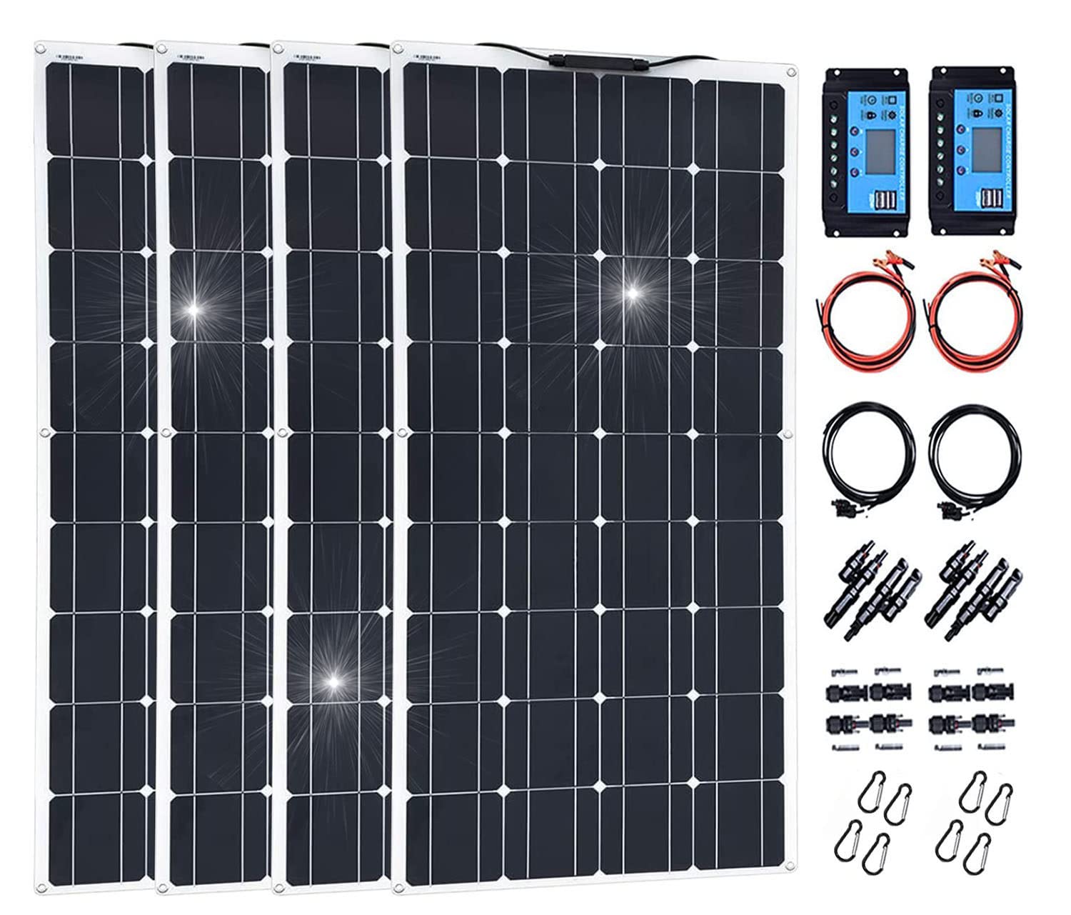 Kit di pannelli solari monocristallini portatili da 1200 W, 18 V, 4 pezzi, 300 W, pannelli solari flessibili per camper, barca, cabina, tenda, auto, rimorchi, con cavo connettore PV controller da 40 A