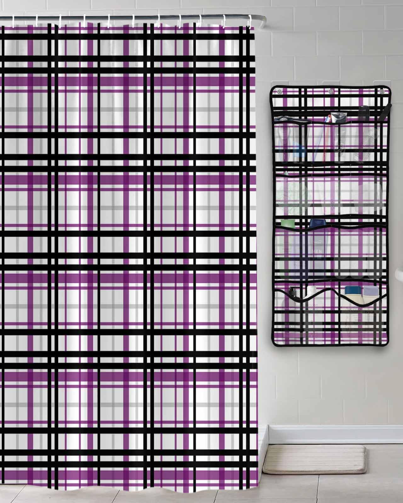 Decorative Shower Curtain Sets Abstract Polyester Fabric Waterproof Bath Shower Curtains Modern Black Purple Grey Check Plaid Mesh