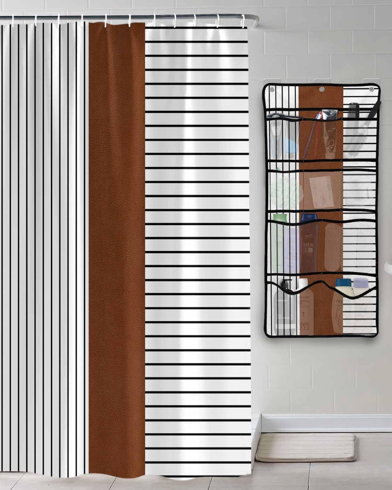 Decorative Shower Curtain Sets Boho Polyester Fabric Waterproof Bath Shower Curtains Farmhouse Strape Texture Brown White Mesh Shower