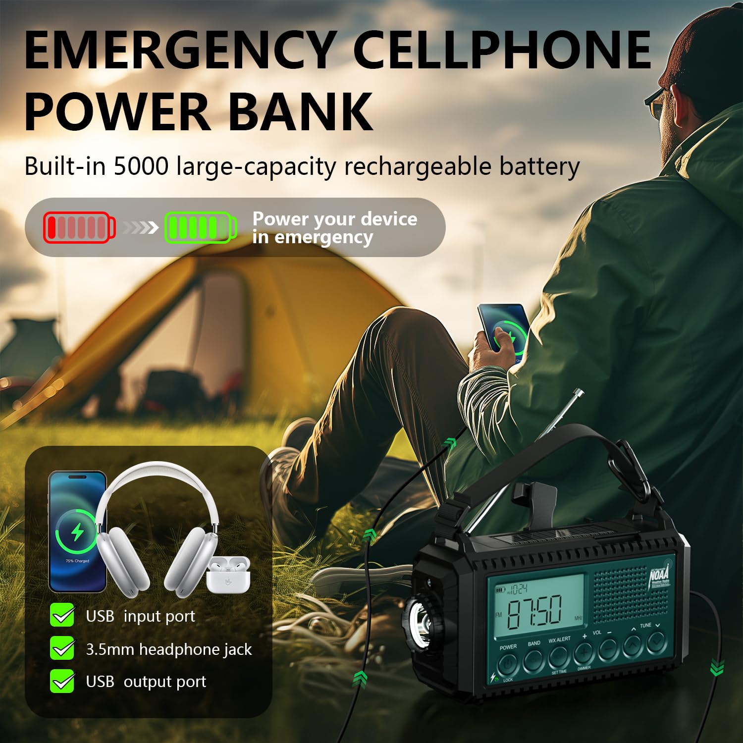 Radio meteo a manovella di emergenza con avvisi automatici NOAA e onde corte, 5000mAh | Ricarica solare, AM/FM/SW, torcia, lampada da lettura, allarme SOS, caricatore del telefono, orologio e ampio display LCD