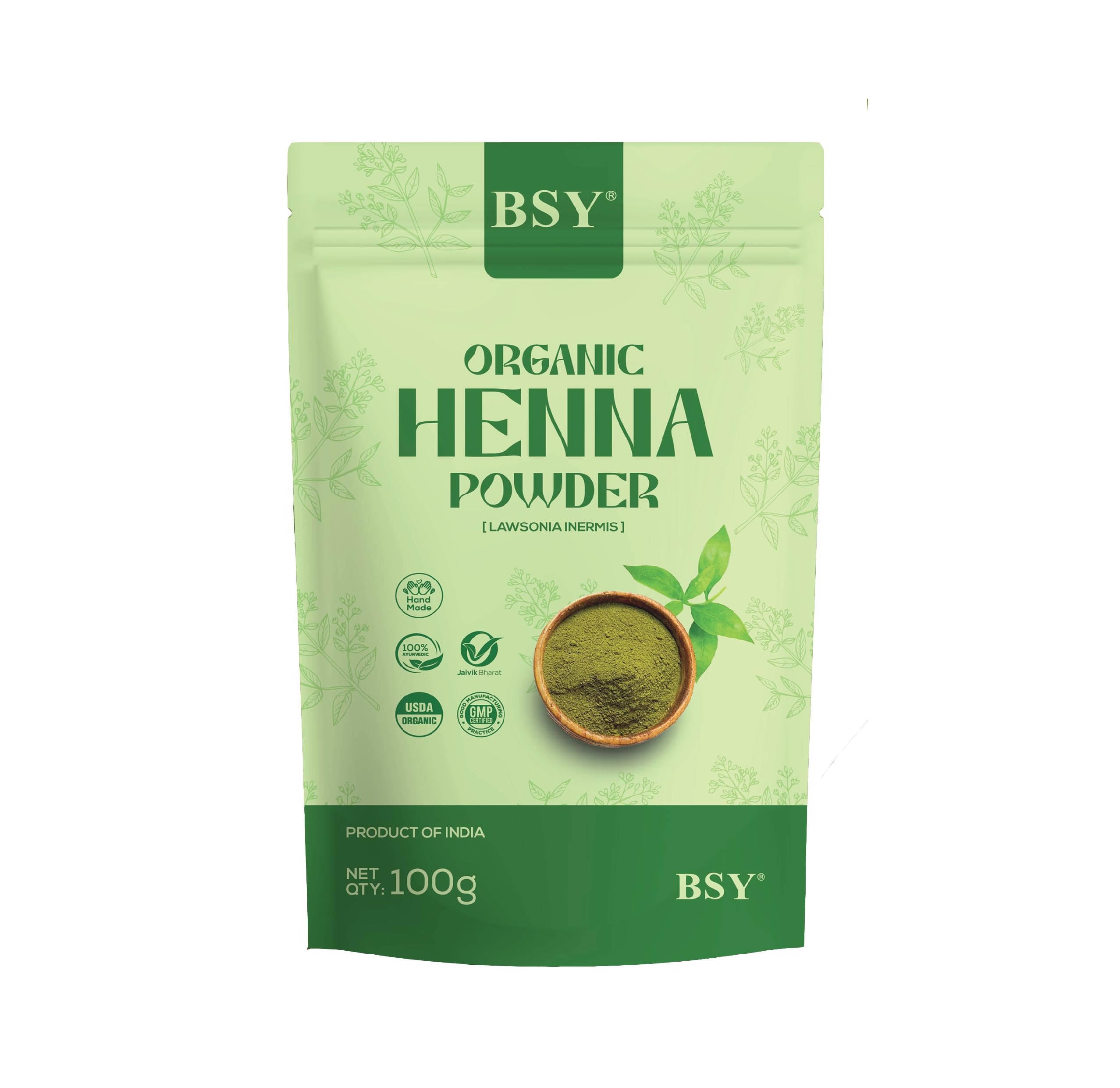 BSY Organic Henna Powder – 100% Natural Hair Dye, Chemical-Free Herbal Henna for Hair Coloring, Conditioning, Strengthening, Glossy & Healthy Hair 100 g