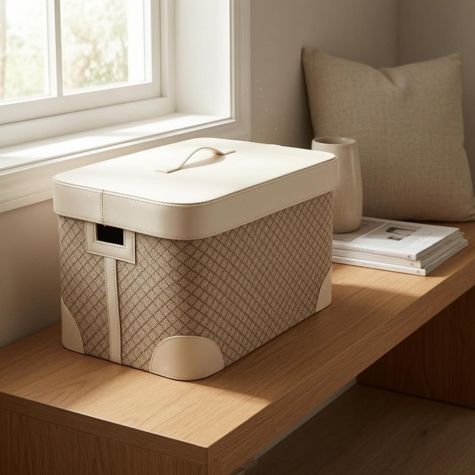 Contenedor de Almacenamiento Caja Organizador Rectangular con Tapa y Asa Cuerpo Tejido con Exterior en Piel Esquinas con Refuerzo Visible Adecuado, Marrón Pequeño