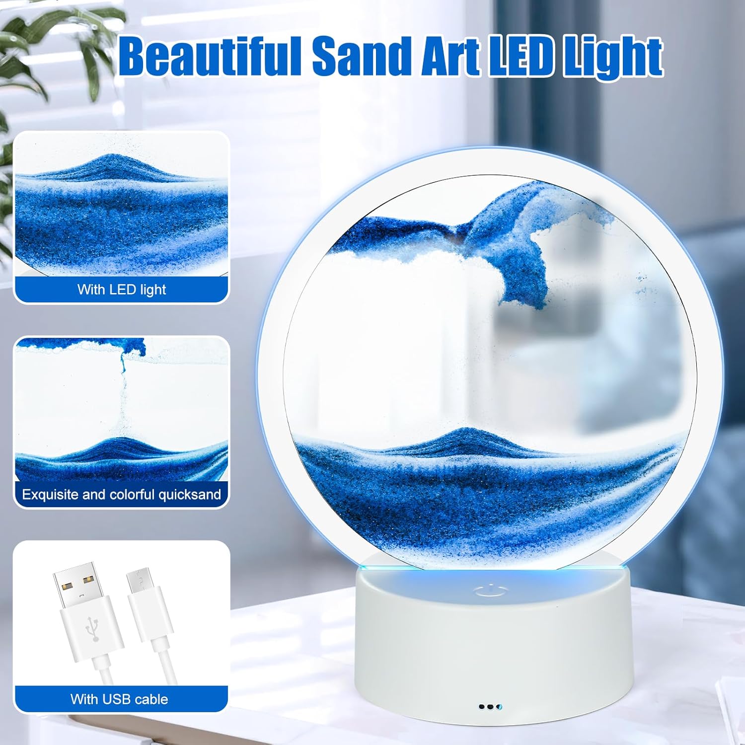 VANTREEGAO Moving Sand Art Picture in Motion - Round Glass Sand Art - Relaxing Home Décor for Office and Living Space (Blue)