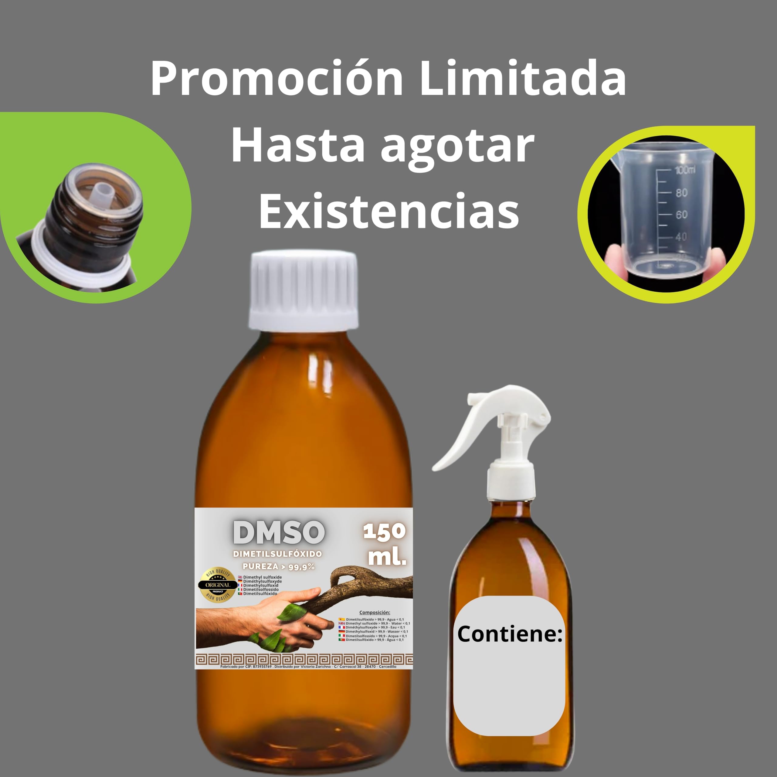 DMSO 150 ml. 99,9% Pureza Con Gotero | Dimetilsulfóxido Calidad Ph Eur | Regalo Frasco125ml + Difusor + Vasito Dosificador | Frascos Ámbar de Laboratorio | Precinto de Seguridad